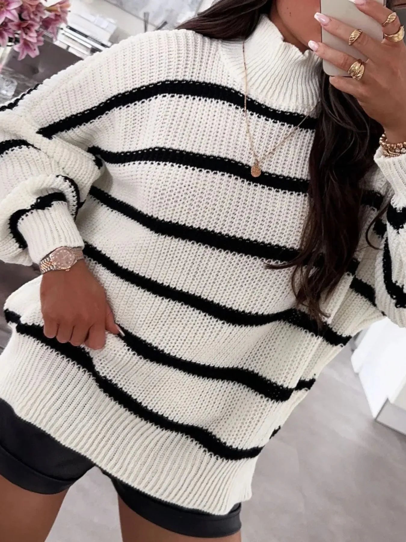 Striped Turtleneck Long Sleeve Sweater designed for comfort and style at Lookzlike