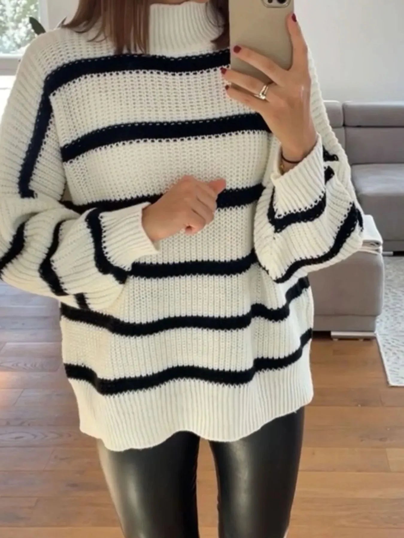 Striped Turtleneck Long Sleeve Sweater designed for comfort and style at Lookzlike