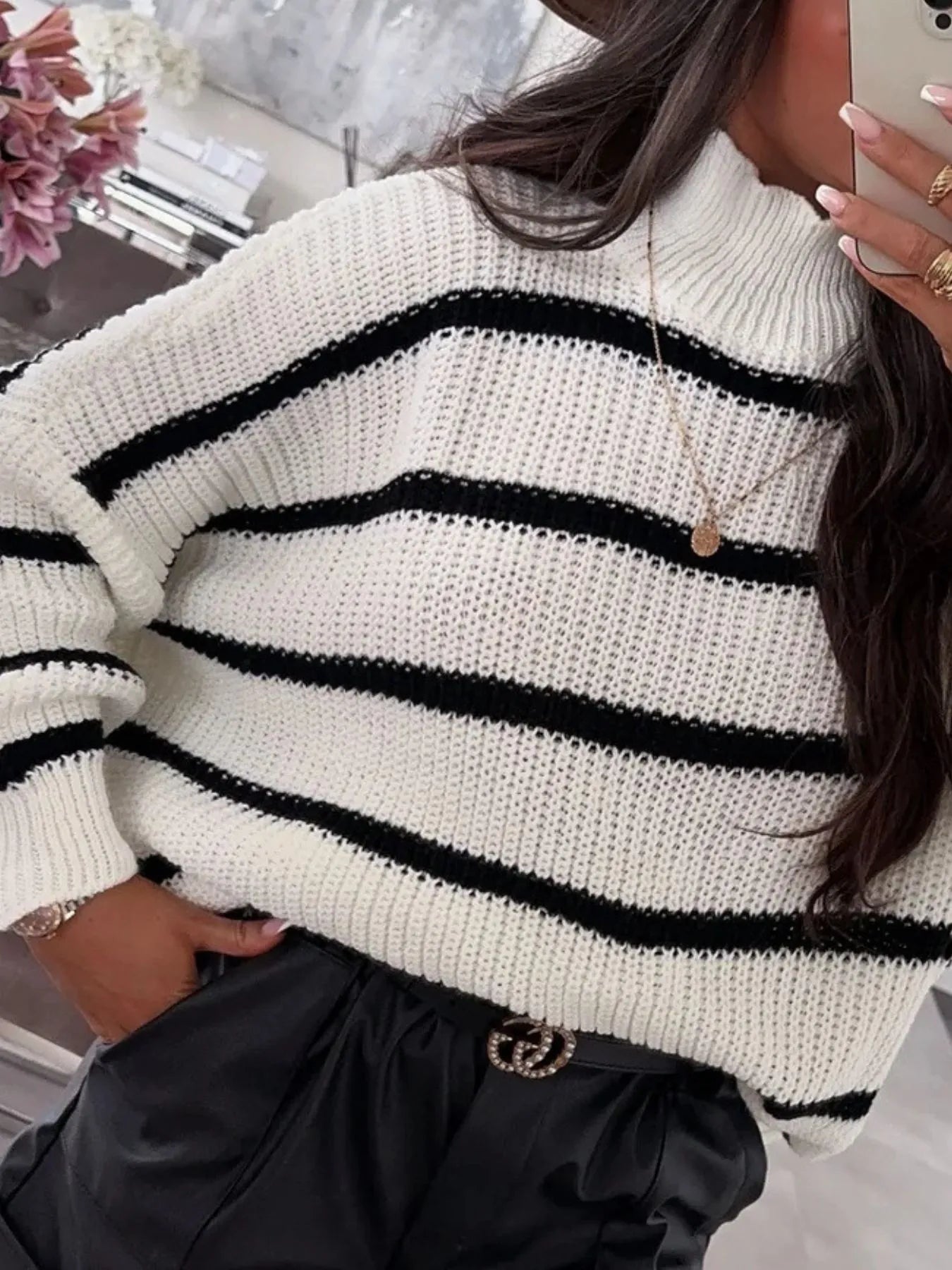 Striped Turtleneck Long Sleeve Sweater designed for comfort and style at Lookzlike