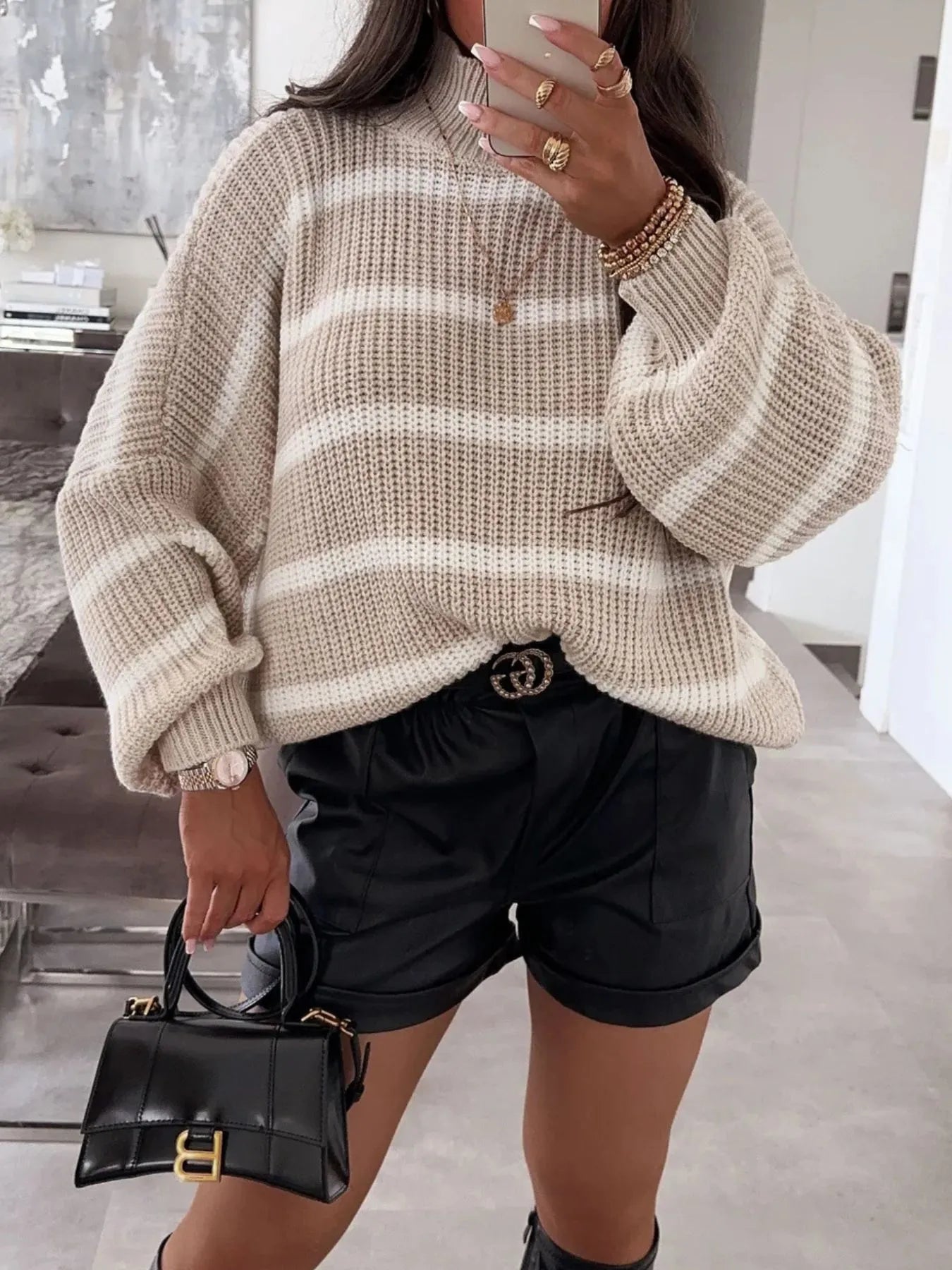 Striped Turtleneck Long Sleeve Sweater designed for comfort and style at Lookzlike