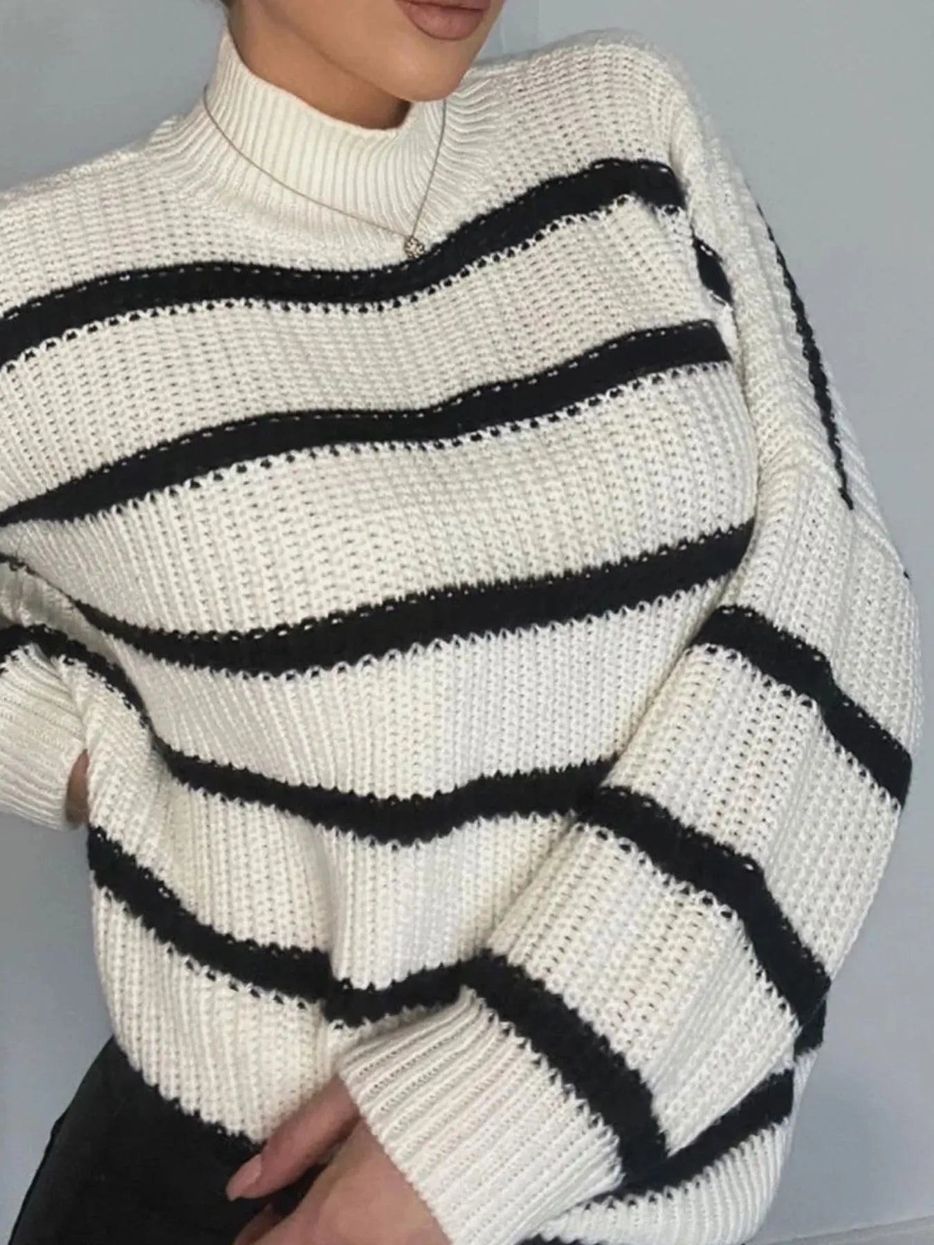 Striped Turtleneck Long Sleeve Sweater designed for comfort and style at Lookzlike
