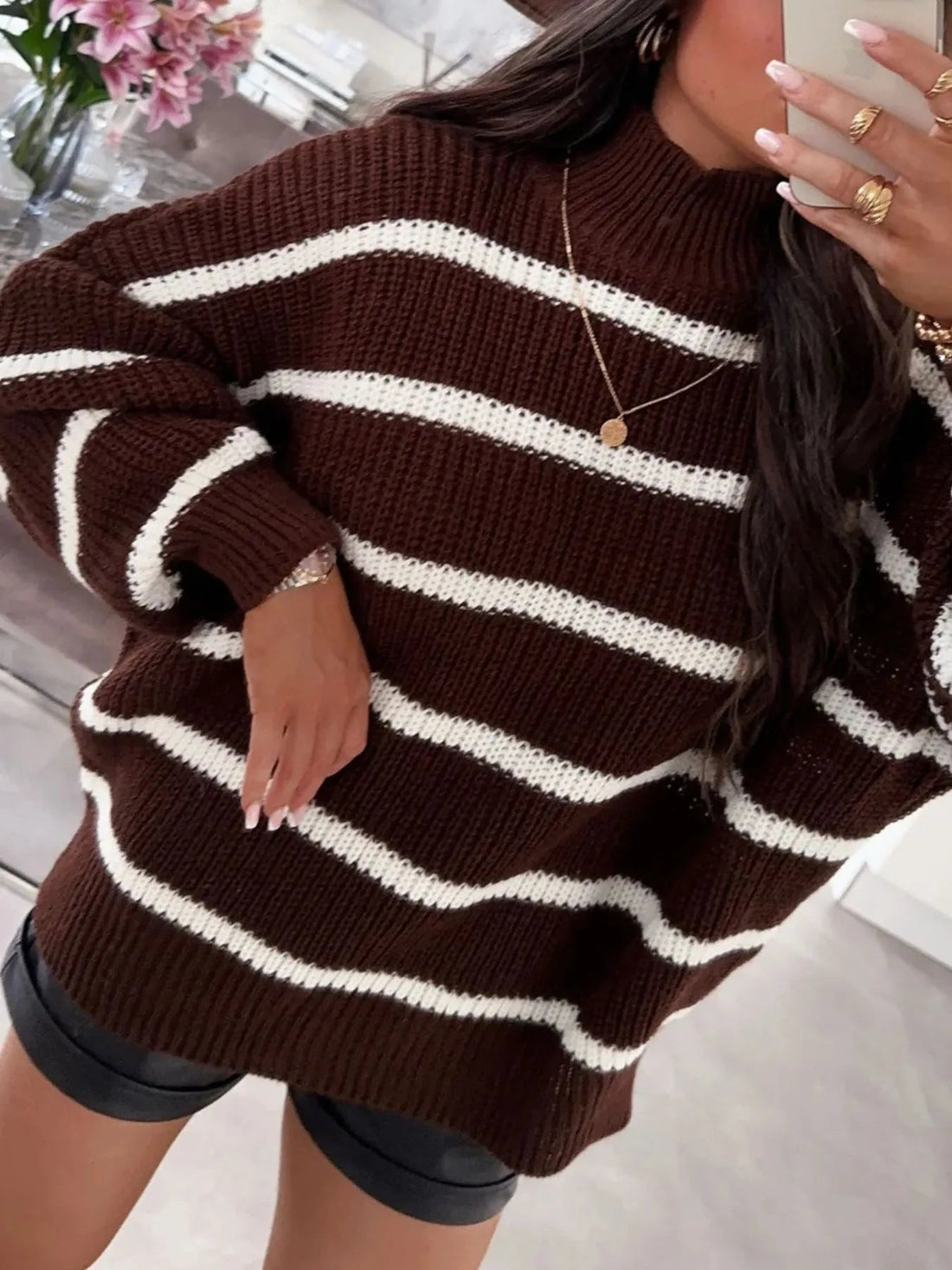 Striped Turtleneck Long Sleeve Sweater designed for comfort and style at Lookzlike