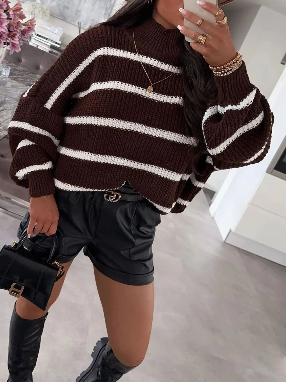 Striped Turtleneck Long Sleeve Sweater designed for comfort and style at Lookzlike