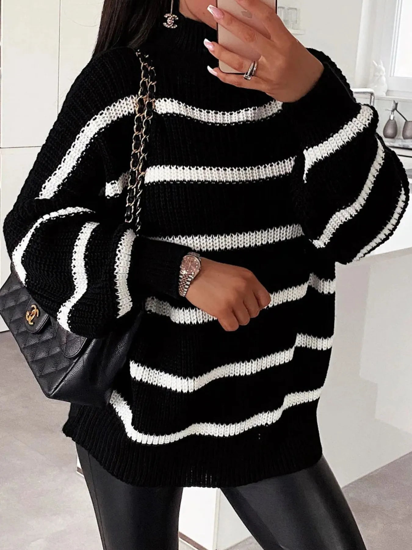 Striped Turtleneck Long Sleeve Sweater designed for comfort and style at Lookzlike
