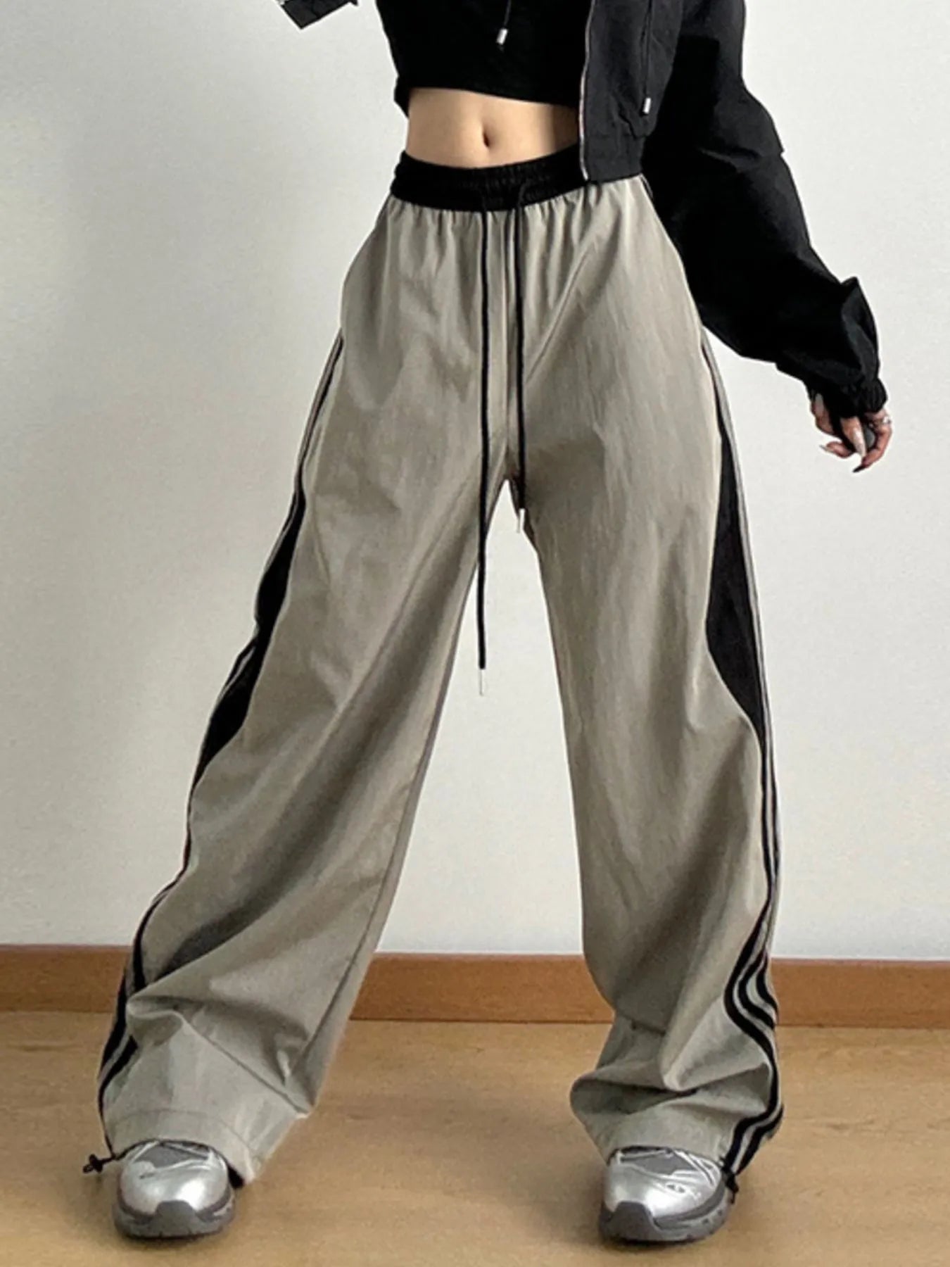 Striped Wide Leg Drawstring Pants - Lookzlike