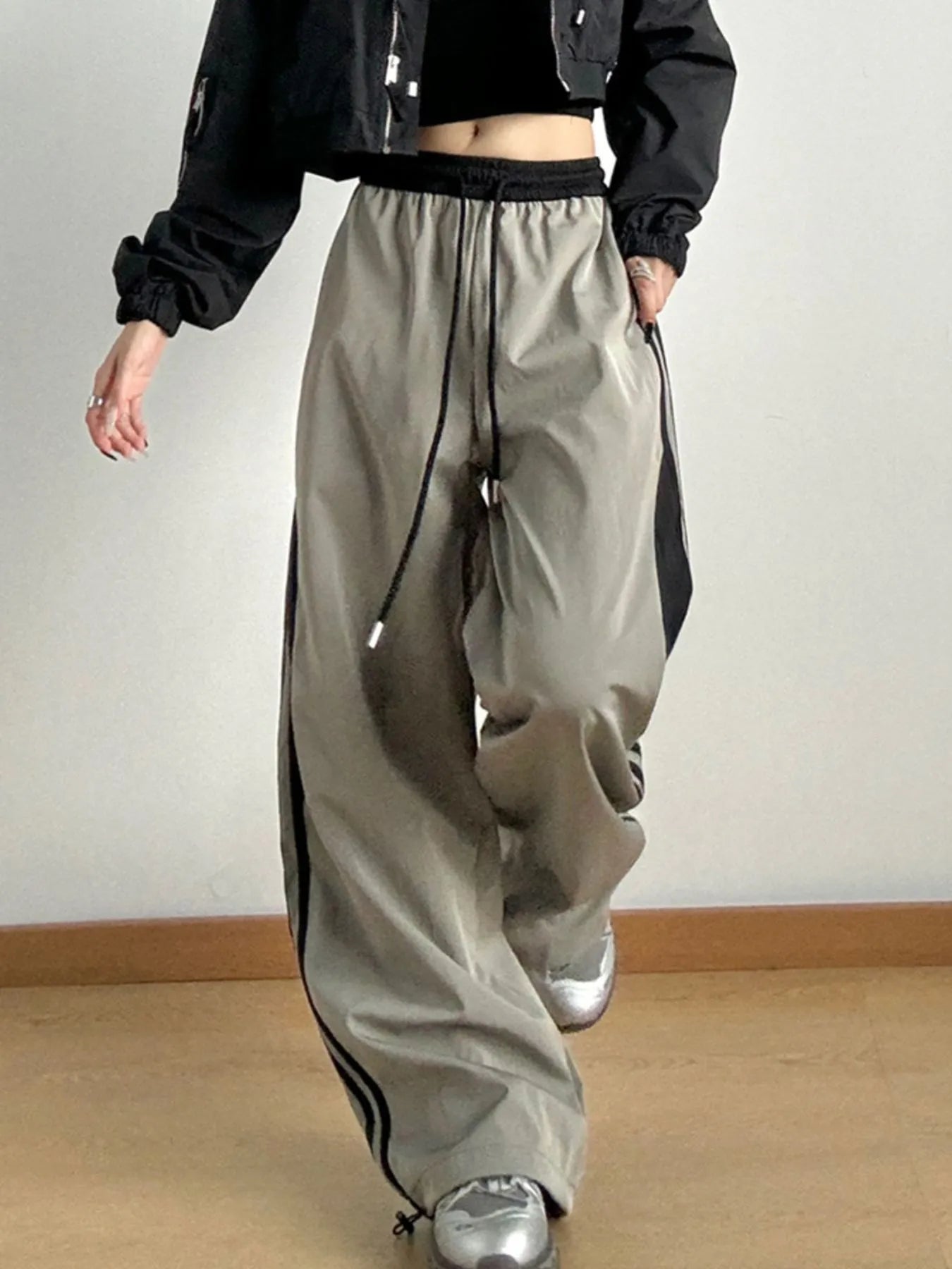 Striped Wide Leg Drawstring Pants - Lookzlike