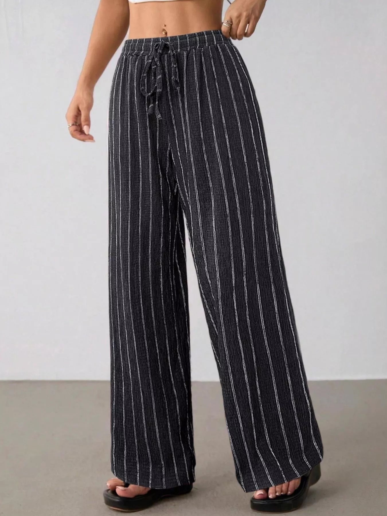 Striped Wide-Leg Drawstring Pants designed for comfort and style at Lookzlike