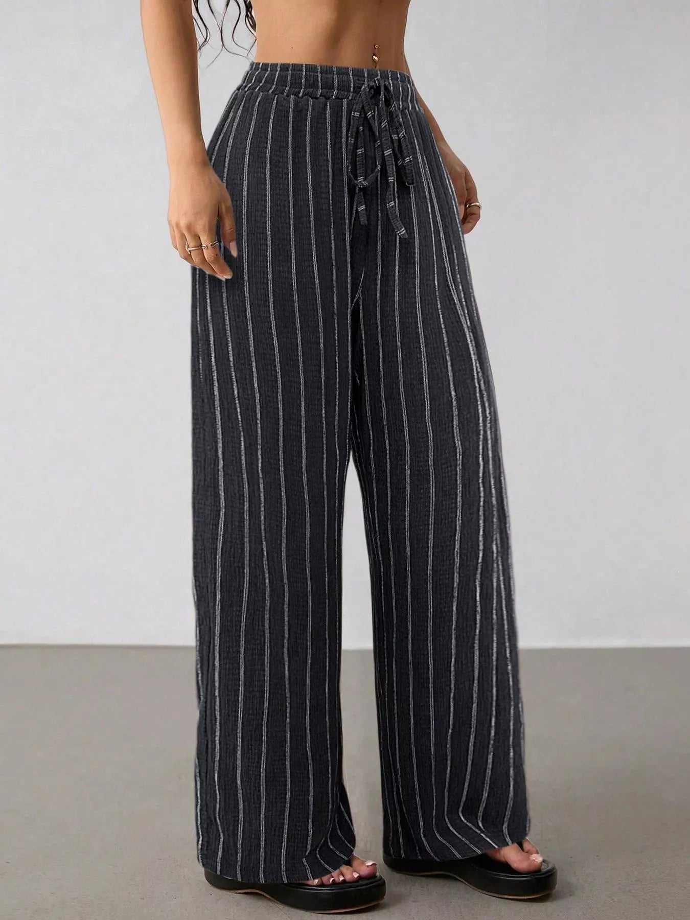 Striped Wide-Leg Drawstring Pants designed for comfort and style at Lookzlike