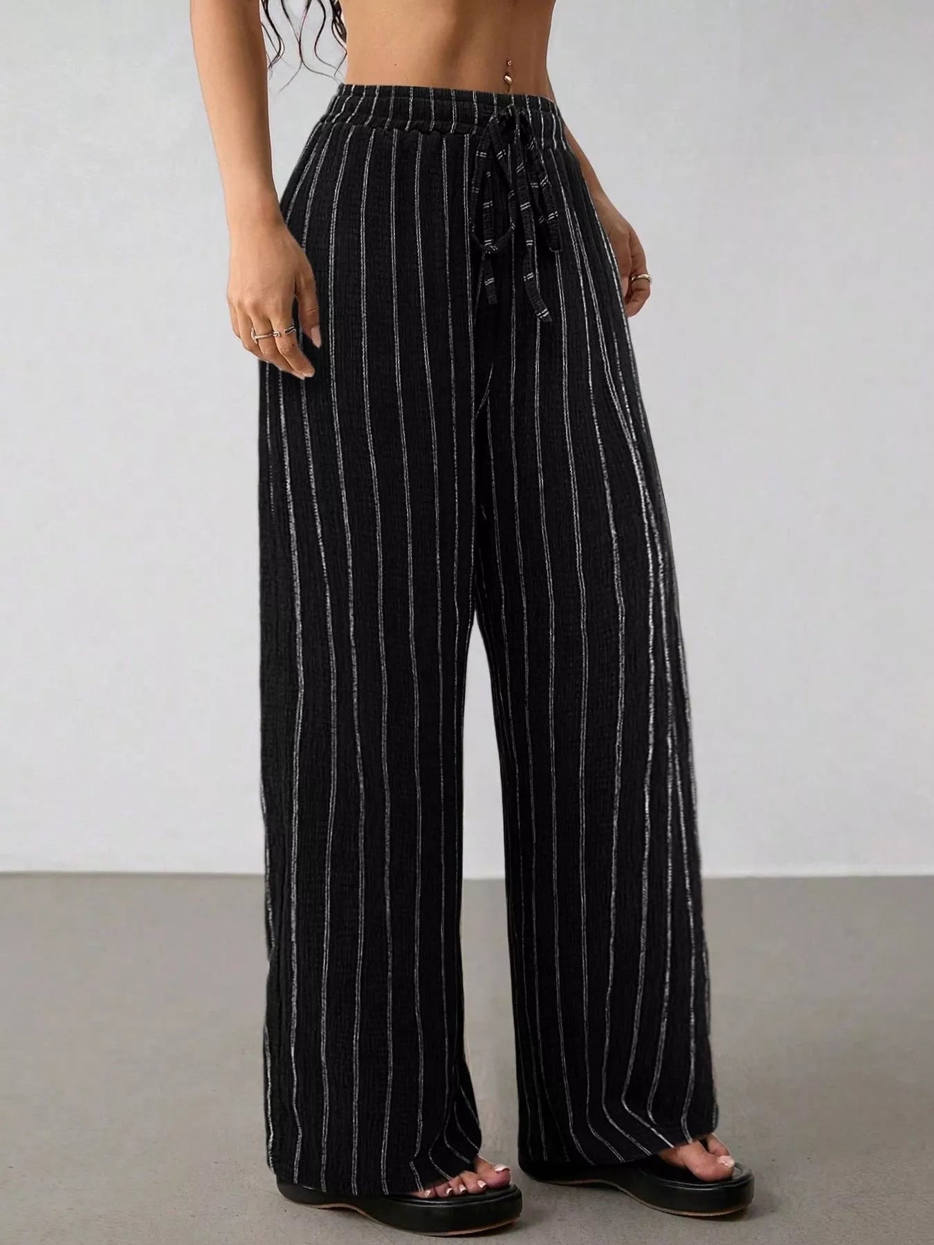 Striped Wide-Leg Drawstring Pants designed for comfort and style at Lookzlike