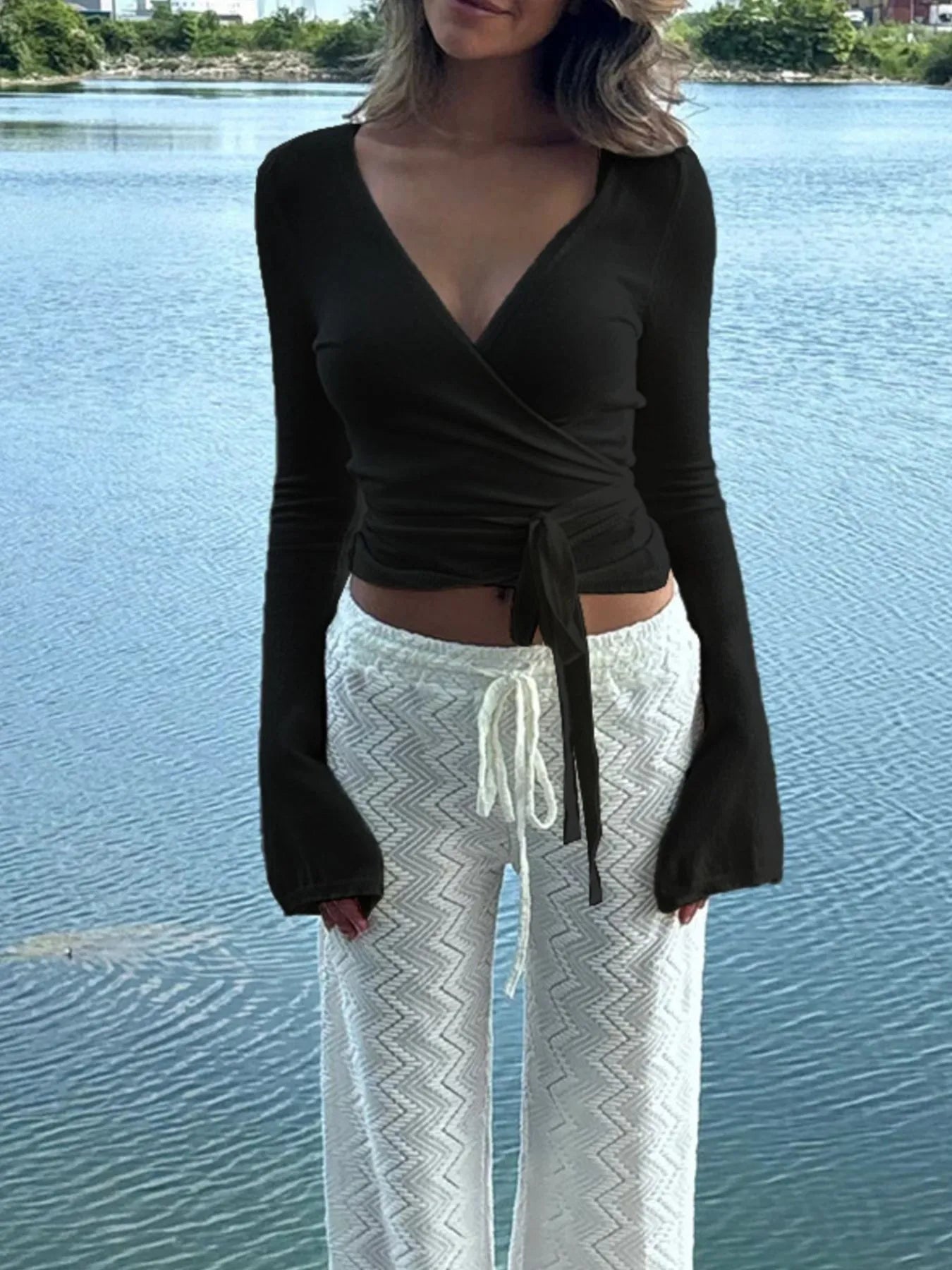 Surplice Long Sleeve Ruched Top - Lookzlike