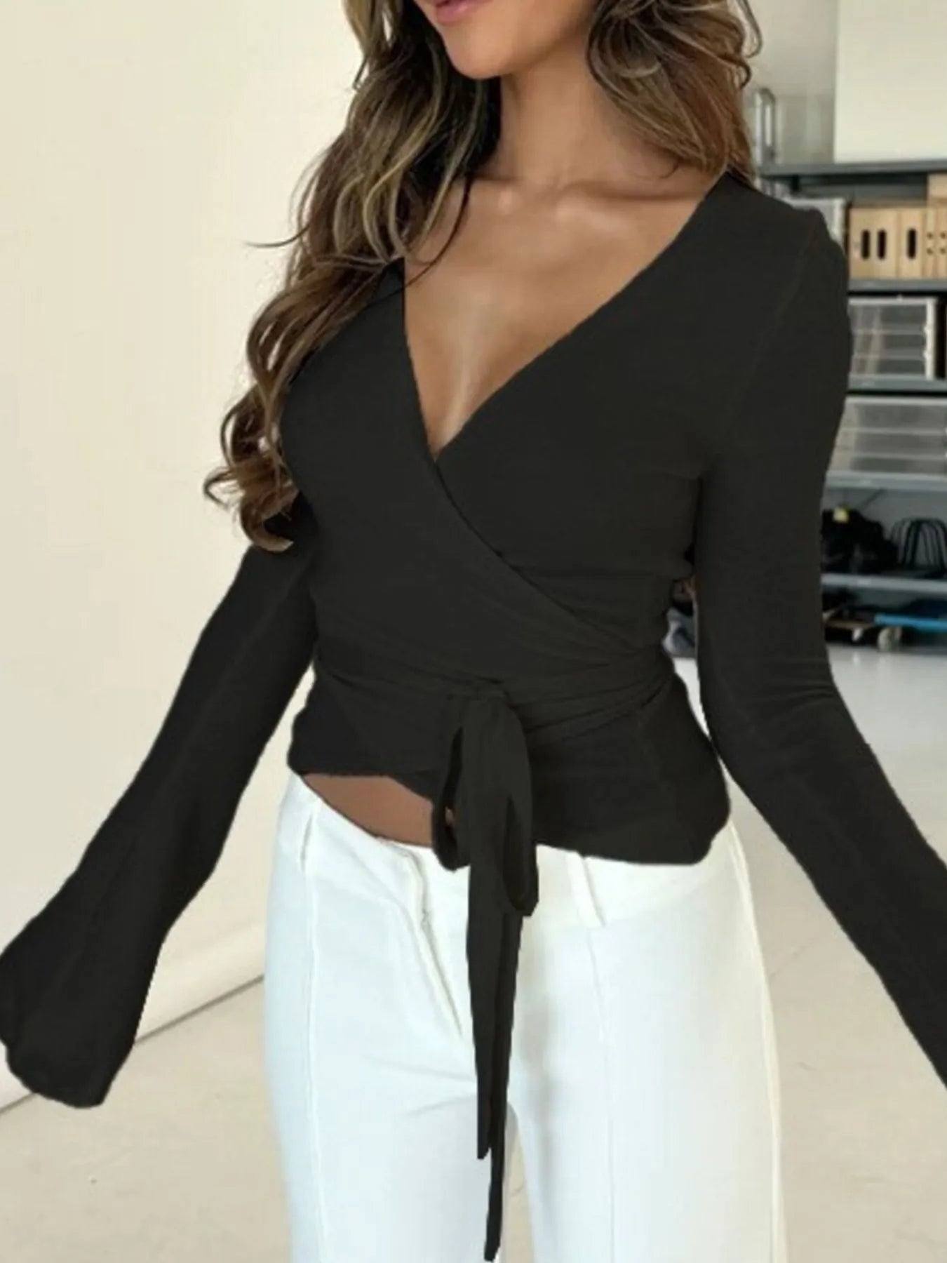 Surplice Long Sleeve Ruched Top - Lookzlike