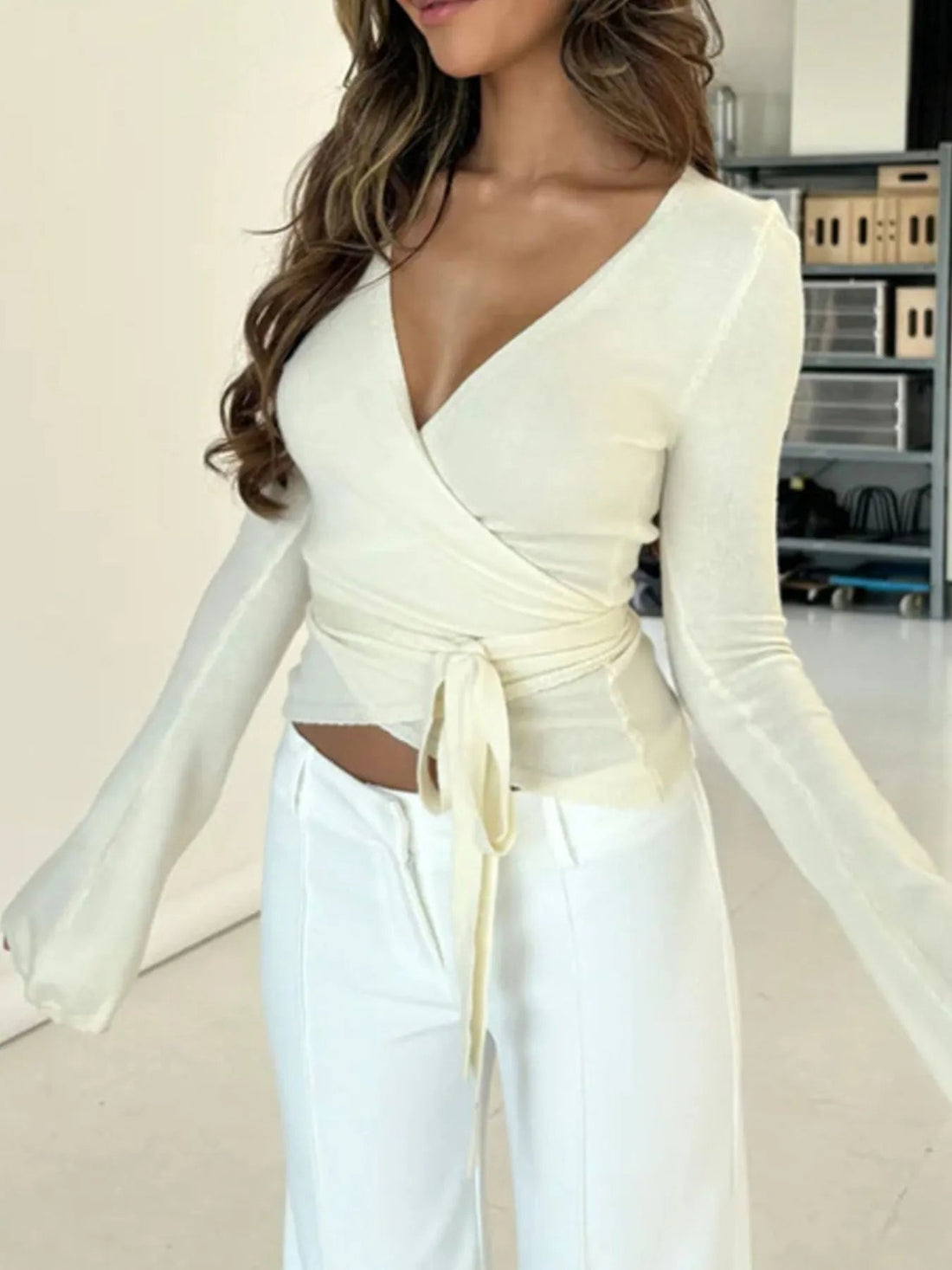 Surplice Long Sleeve Ruched Top - Lookzlike