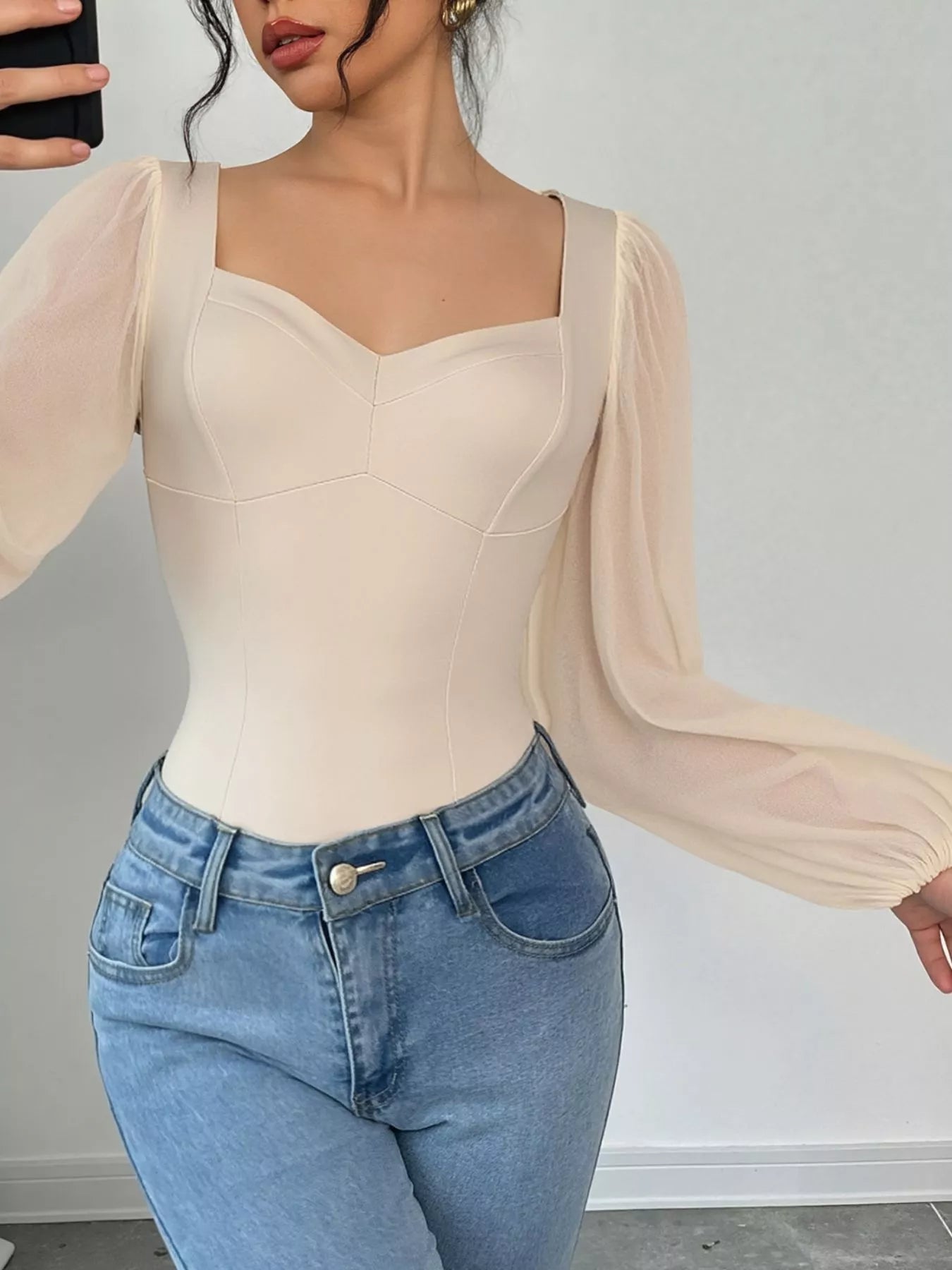 Sweetheart Neck Balloon Sleeve Bodysuit designed for comfort and style at Lookzlike
