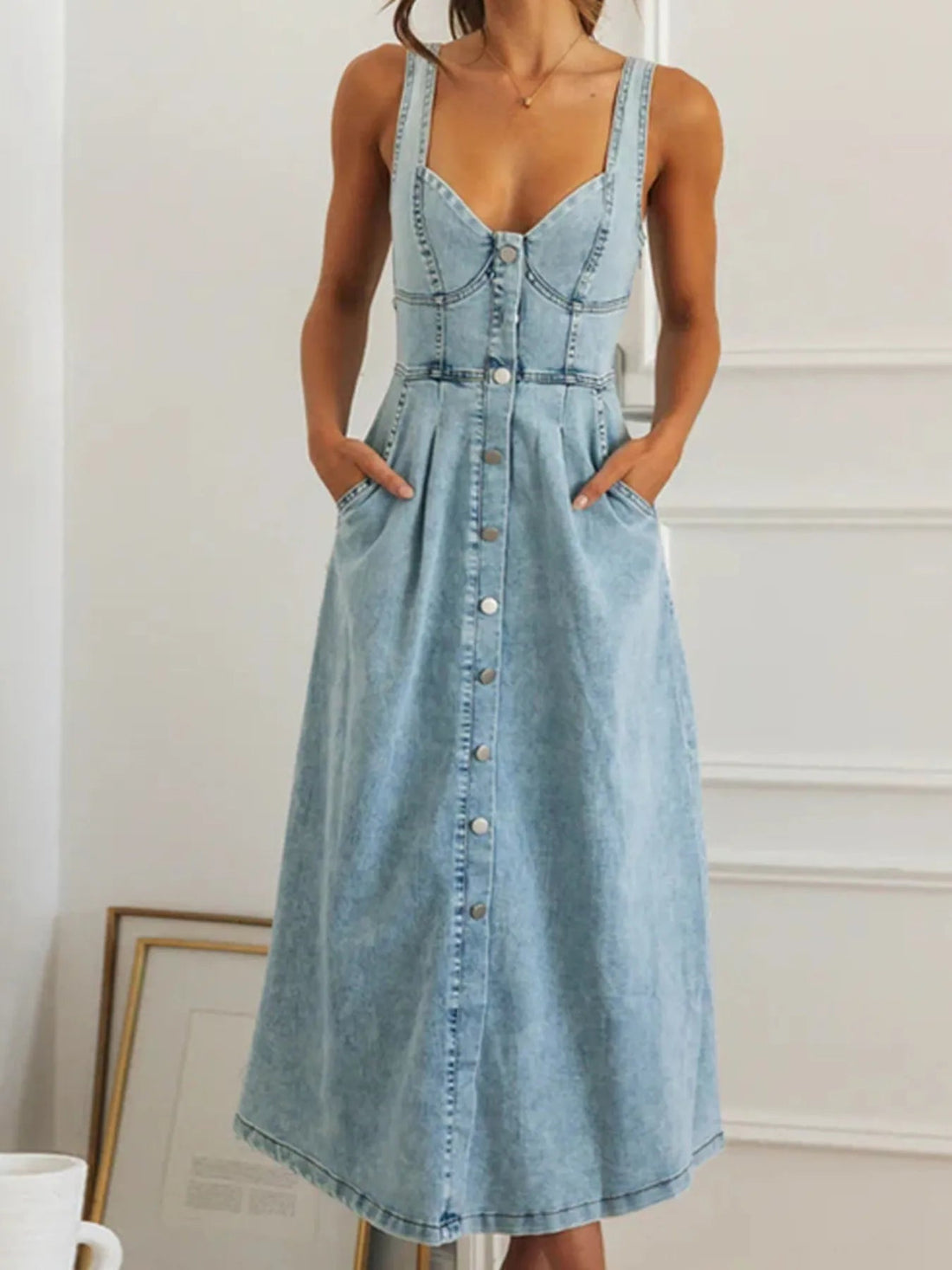 Sweetheart Neck Button-Front Midi Denim Dress - Lookzlike