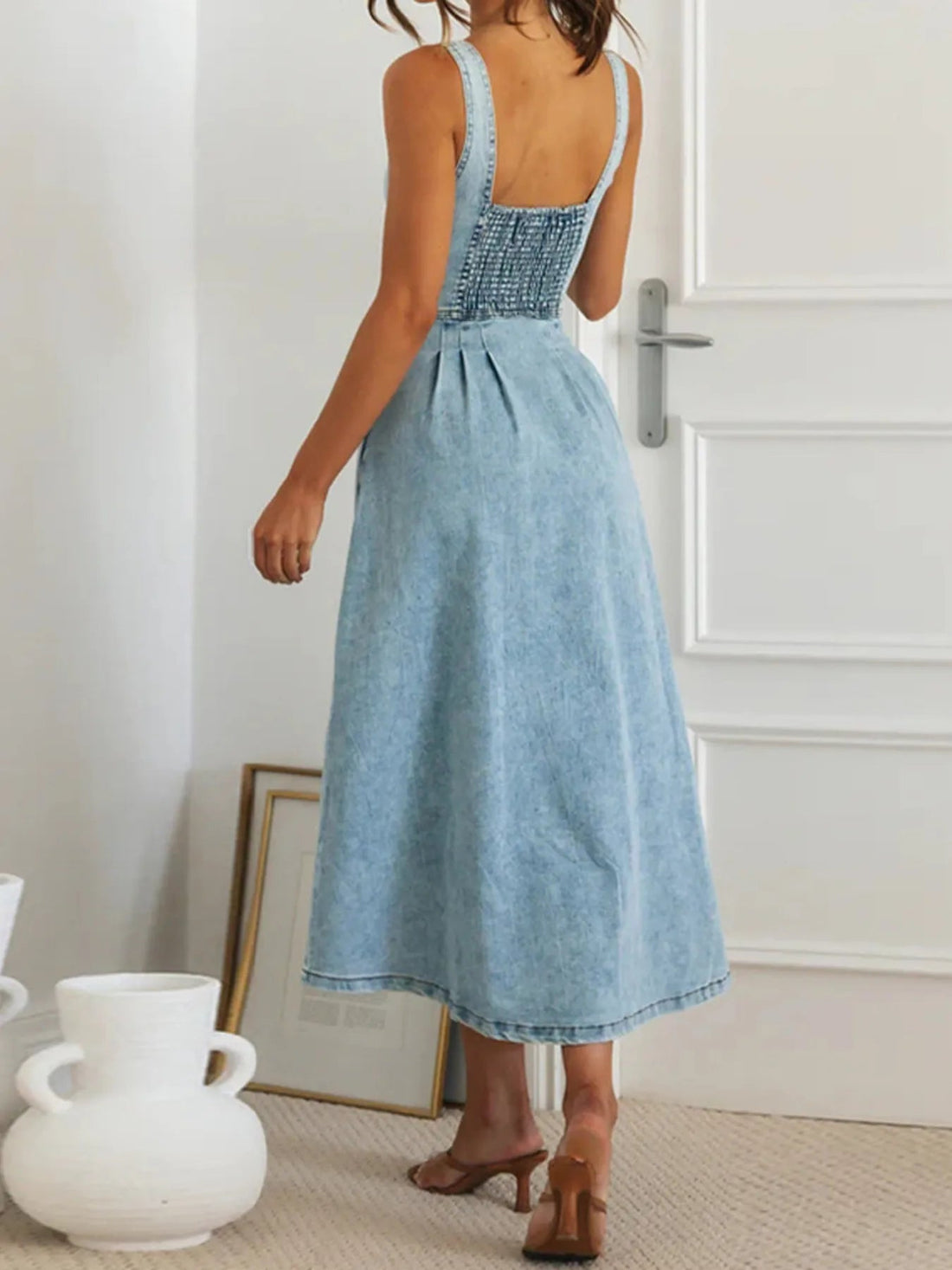 Sweetheart Neck Button-Front Midi Denim Dress - Lookzlike