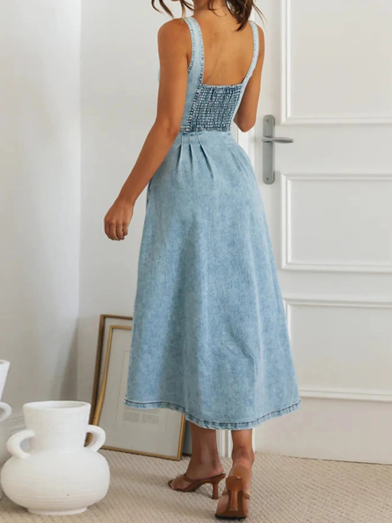 Sweetheart Neck Button-Front Midi Denim Dress - Lookzlike