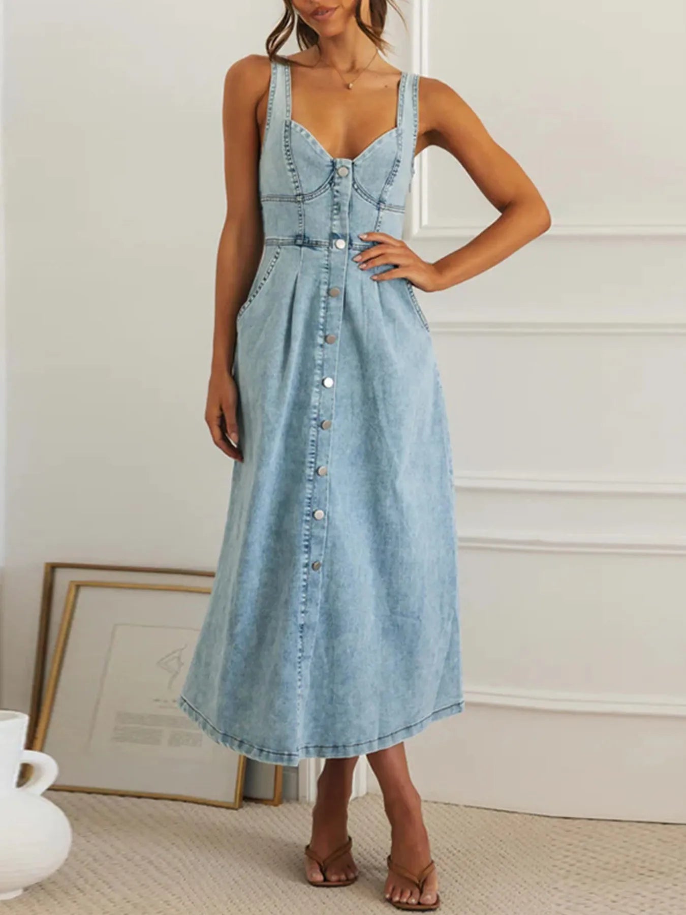 Sweetheart Neck Button-Front Midi Denim Dress - Lookzlike