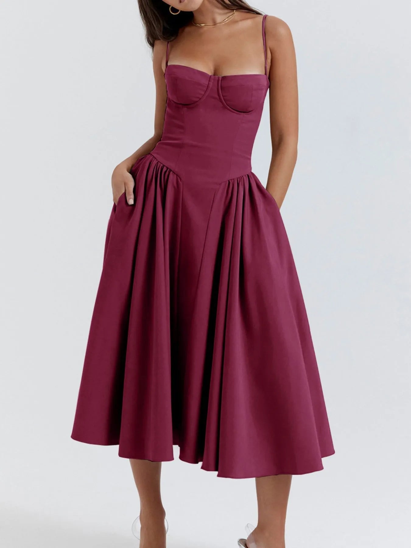 Sweetheart Neck Ruched Midi Dress designed for comfort and style at Lookzlike