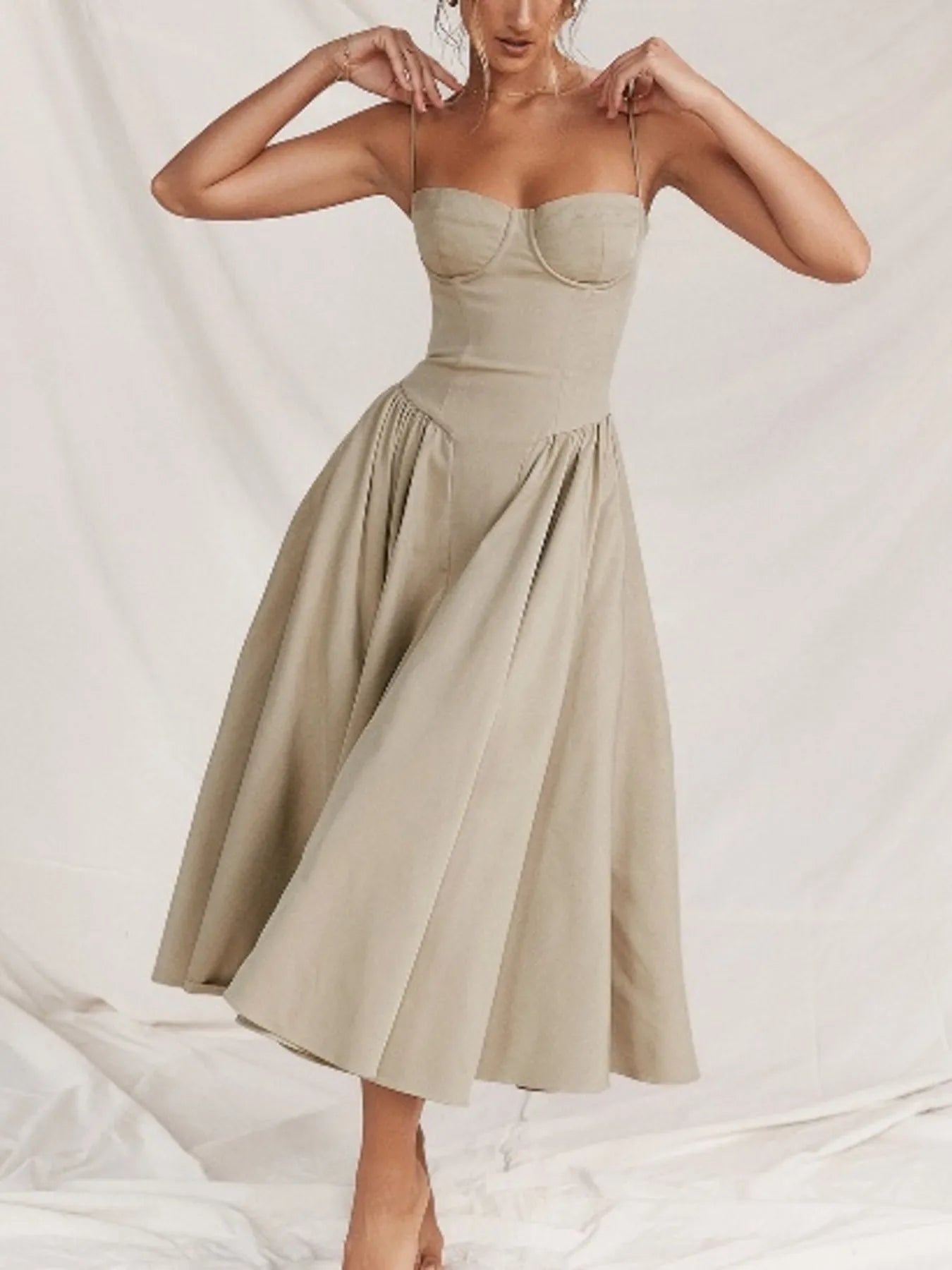 Sweetheart Neck Ruched Midi Dress designed for comfort and style at Lookzlike