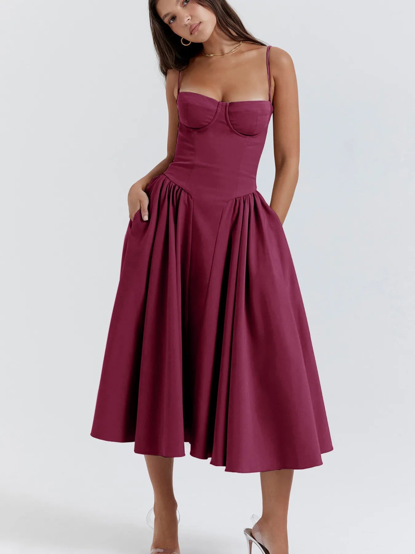 Sweetheart Neck Ruched Midi Dress designed for comfort and style at Lookzlike