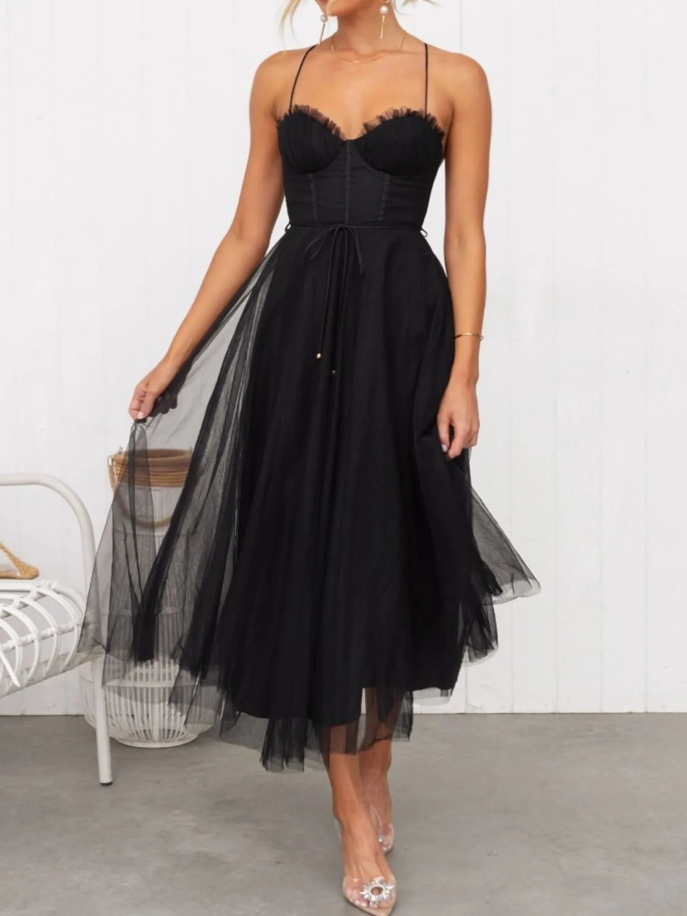 Sweetheart Neck Tulle Midi Dress - Lookzlike