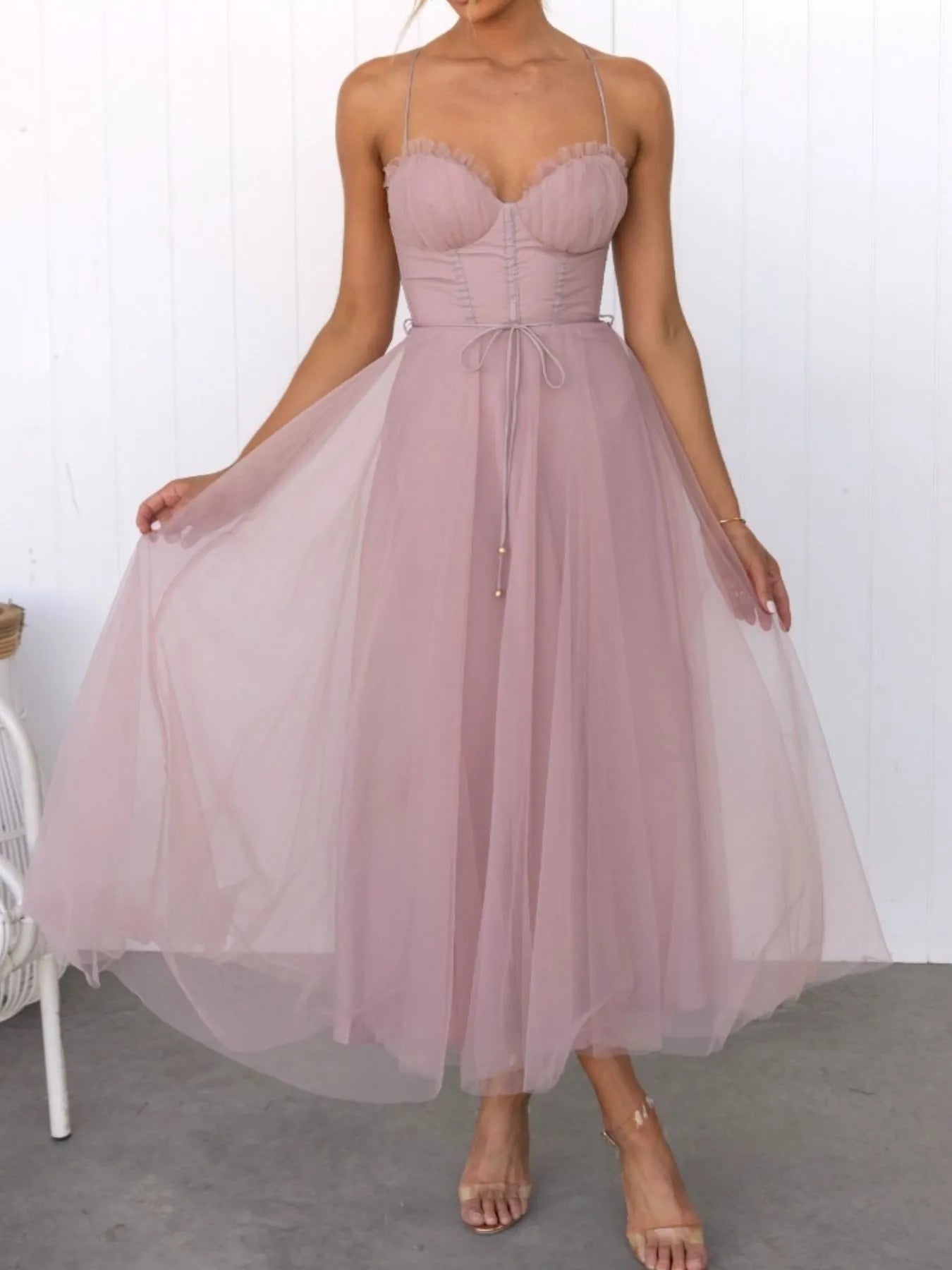Sweetheart Neck Tulle Midi Dress - Lookzlike