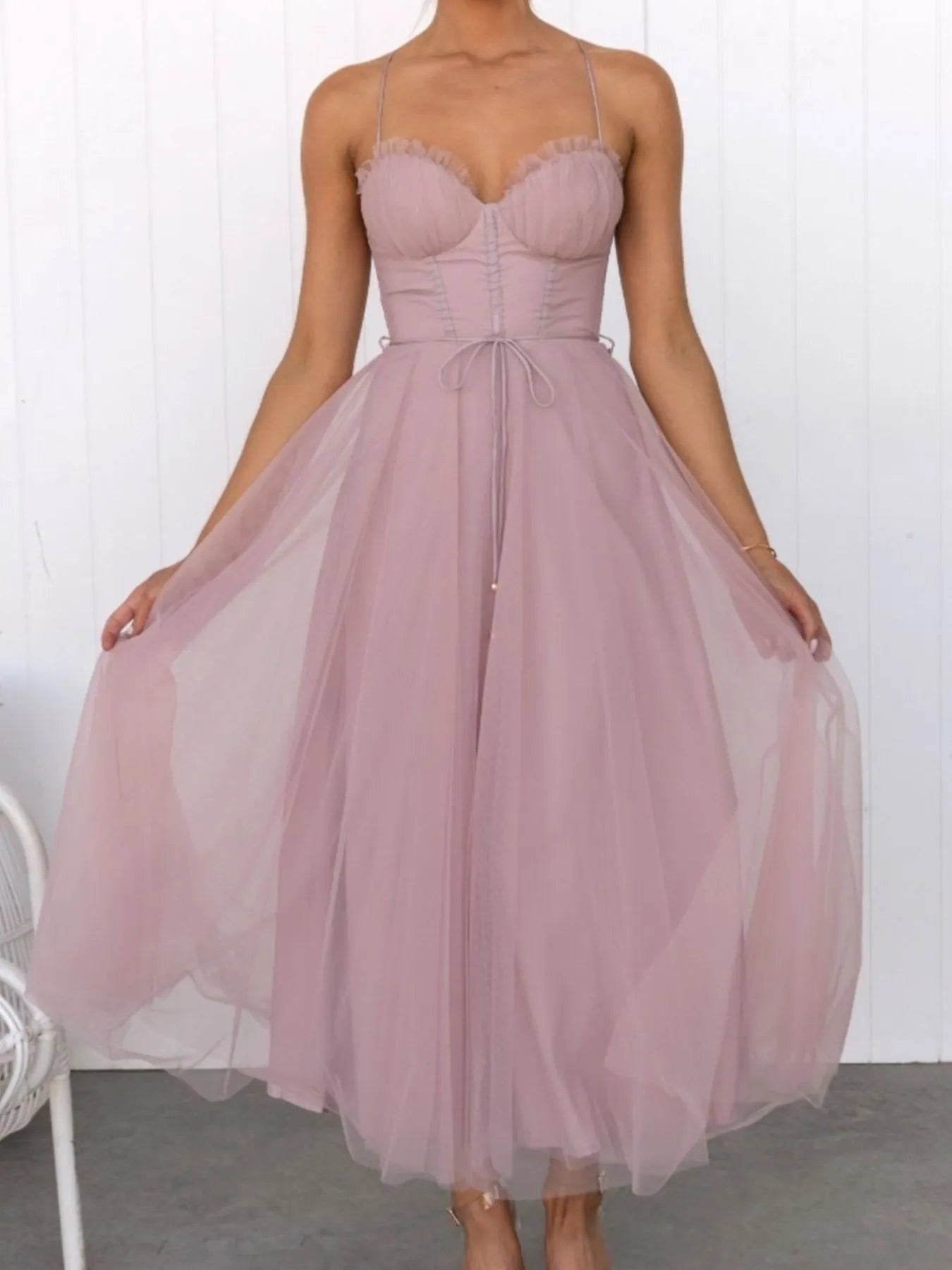 Sweetheart Neck Tulle Midi Dress - Lookzlike