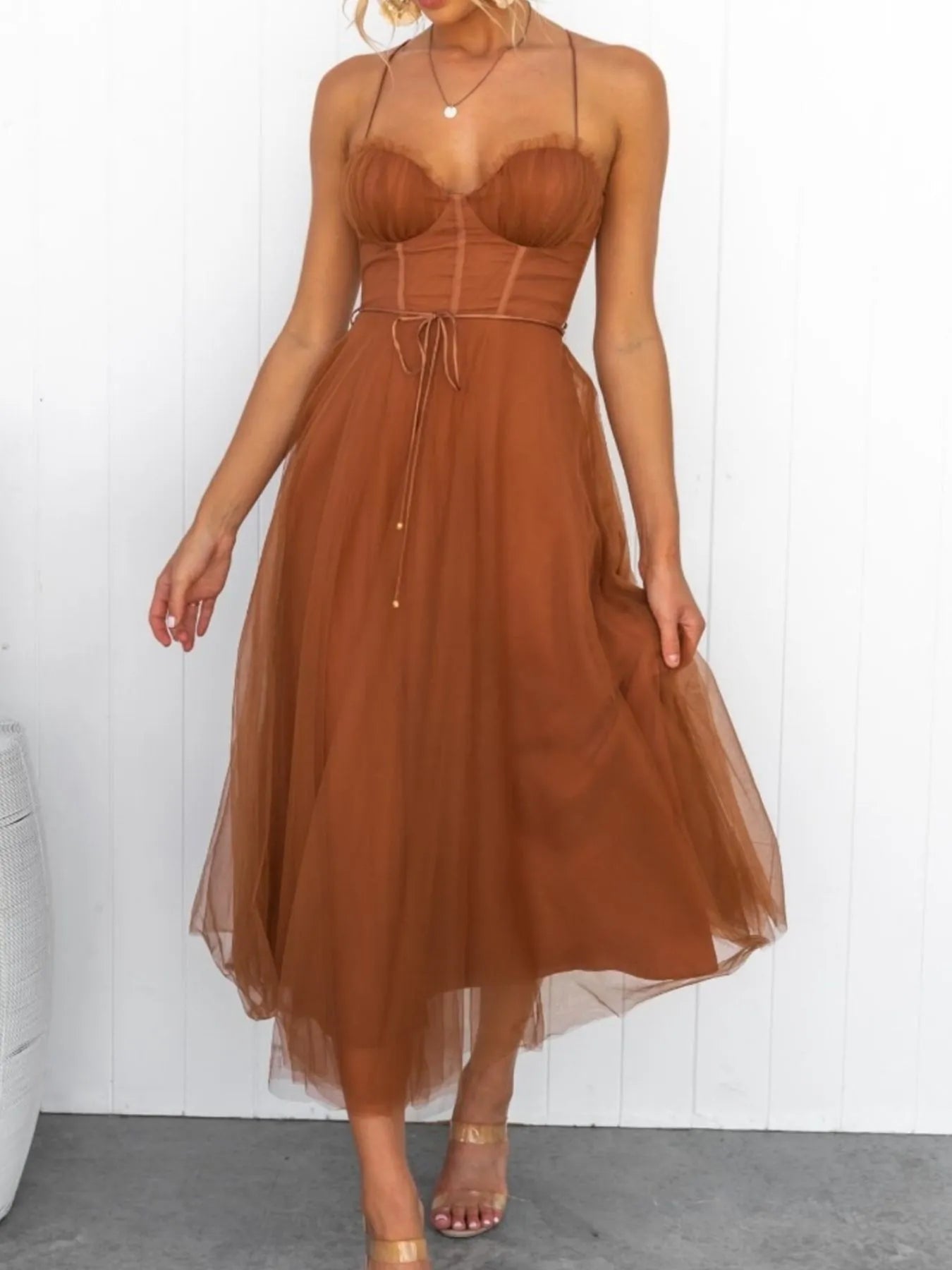 Sweetheart Neck Tulle Midi Dress - Lookzlike