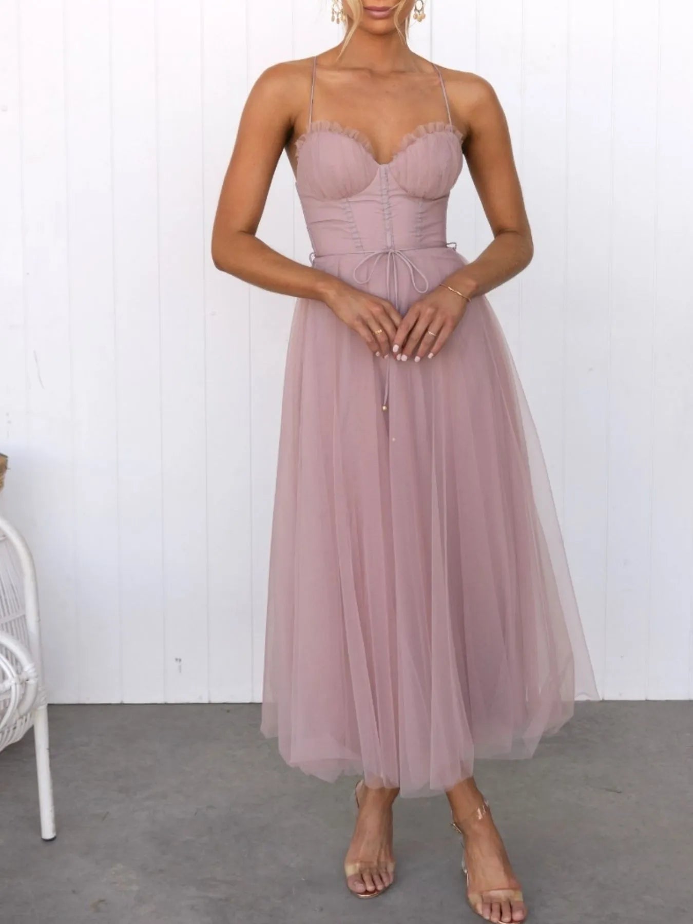 Sweetheart Neck Tulle Midi Dress - Lookzlike