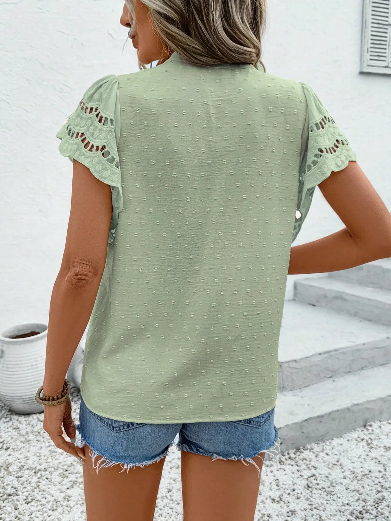 Swiss Dot Cutout Button Down Shirt - Lookzlike