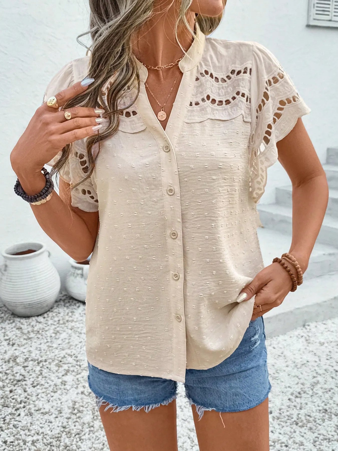 Swiss Dot Cutout Button Down Shirt - Lookzlike