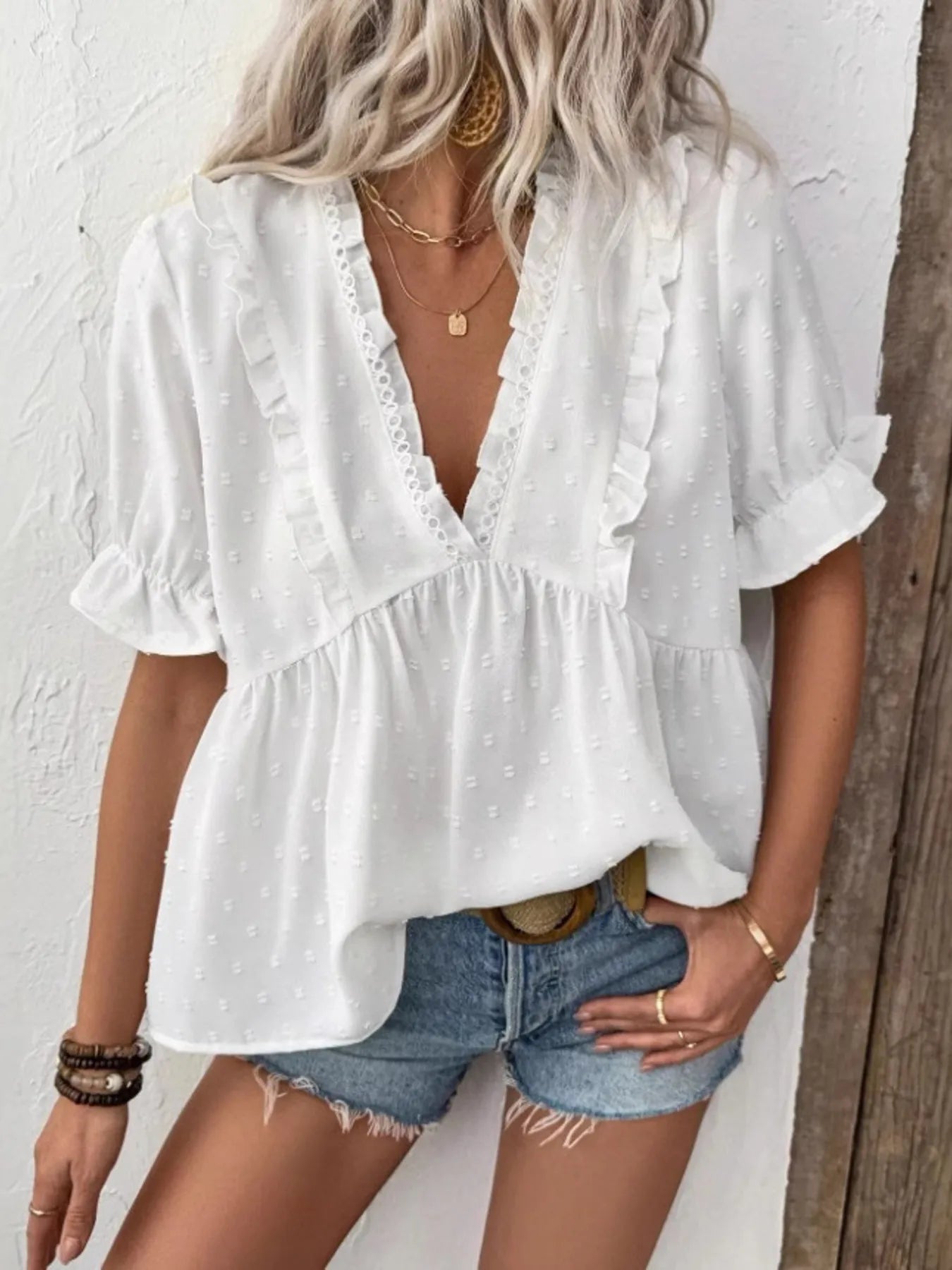Swiss Dot Ruffled V - Neck Blouse with Flounce Sleeves designed for comfort and style at Lookzlike