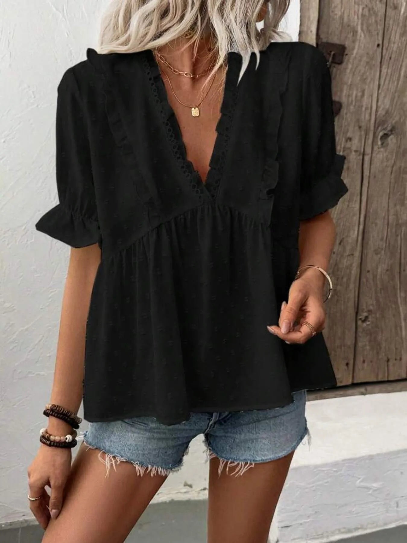 Swiss Dot Ruffled V - Neck Blouse with Flounce Sleeves designed for comfort and style at Lookzlike