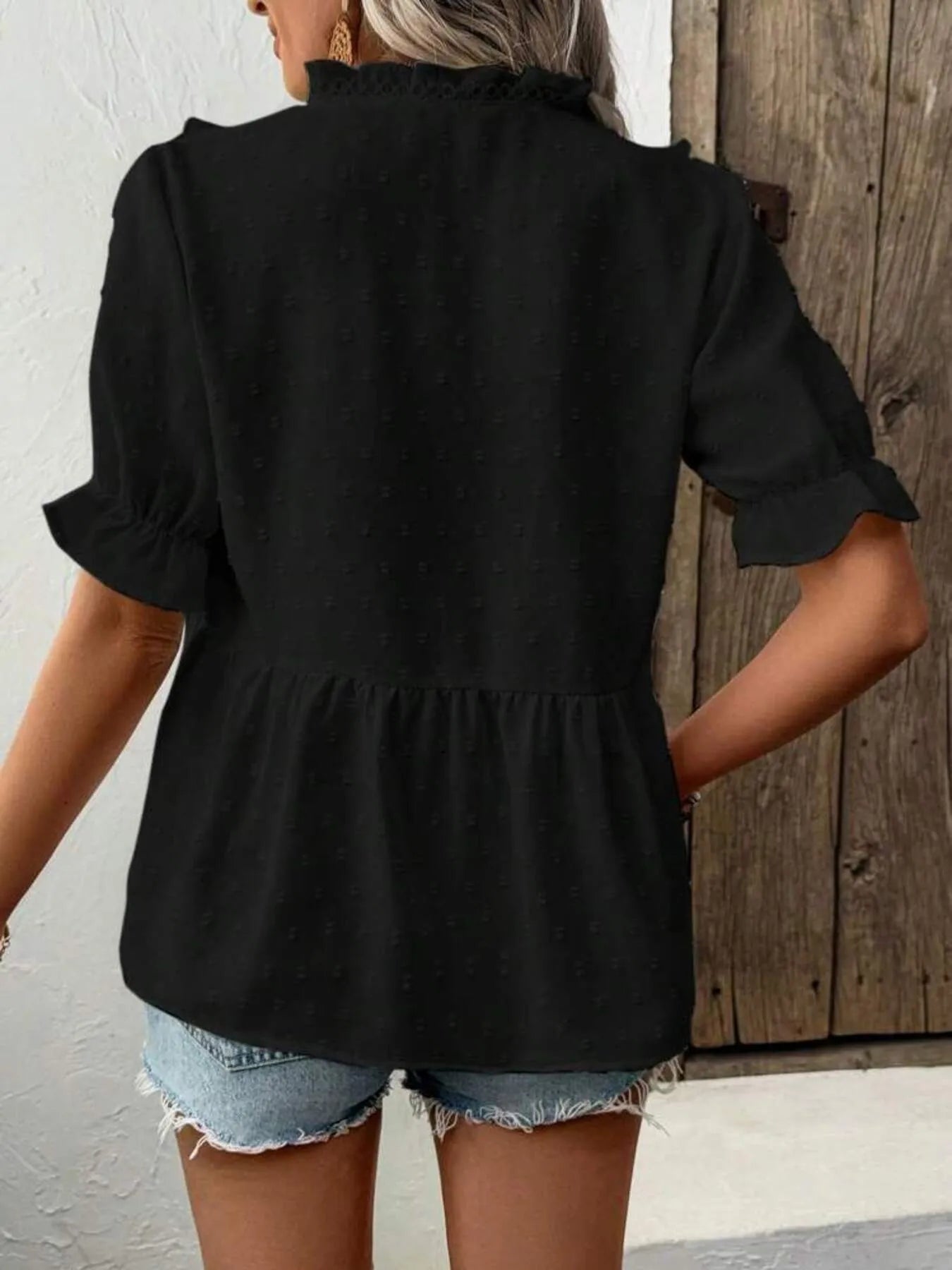 Swiss Dot Ruffled V - Neck Blouse with Flounce Sleeves designed for comfort and style at Lookzlike