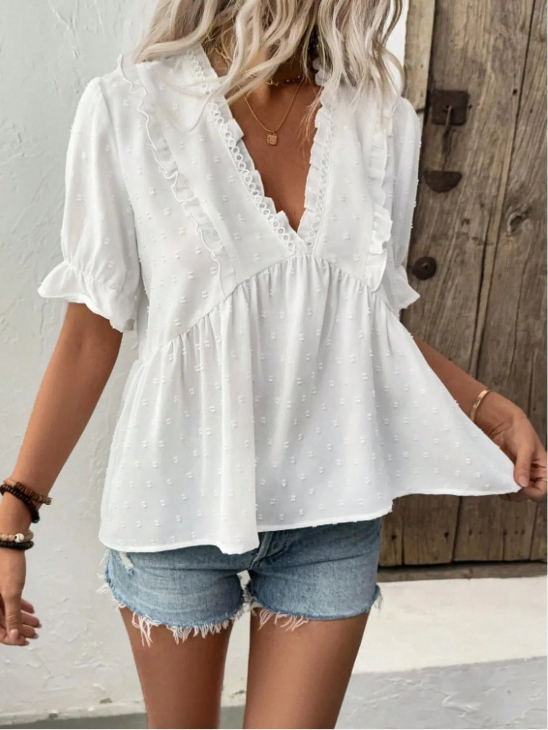 Swiss Dot Ruffled V - Neck Blouse with Flounce Sleeves designed for comfort and style at Lookzlike