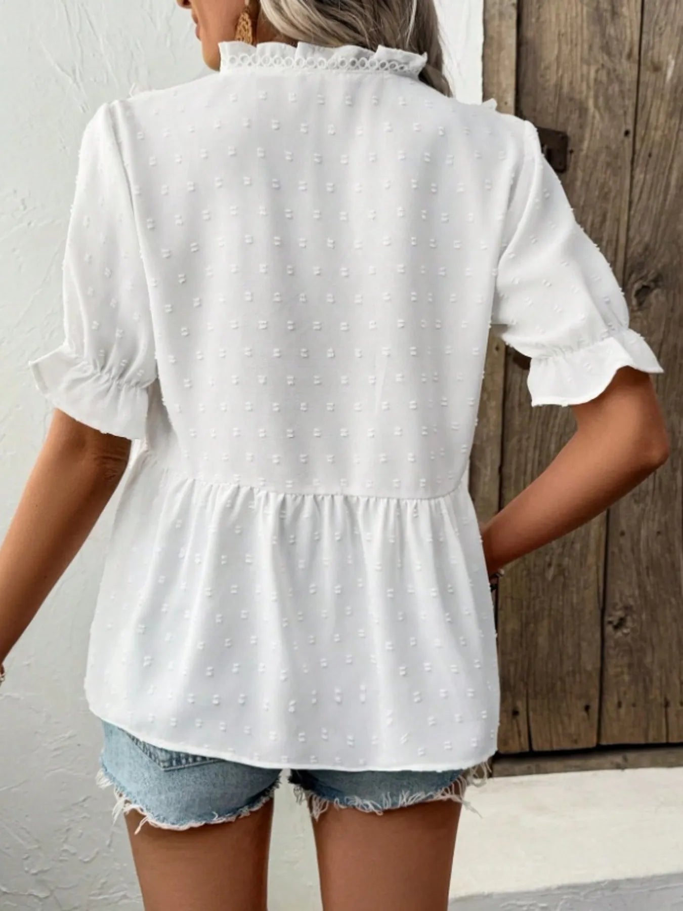 Swiss Dot Ruffled V - Neck Blouse with Flounce Sleeves designed for comfort and style at Lookzlike