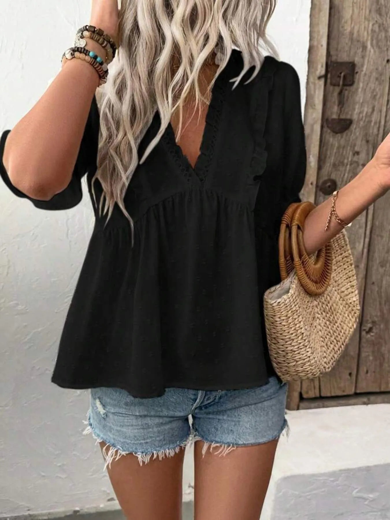 Swiss Dot Ruffled V - Neck Blouse with Flounce Sleeves designed for comfort and style at Lookzlike