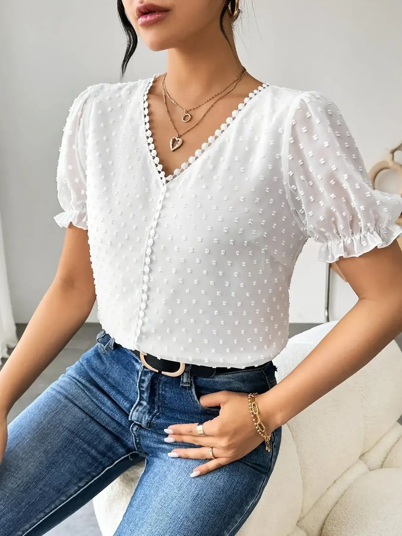 Swiss Dot Short Sleeve Blouse - Lookzlike