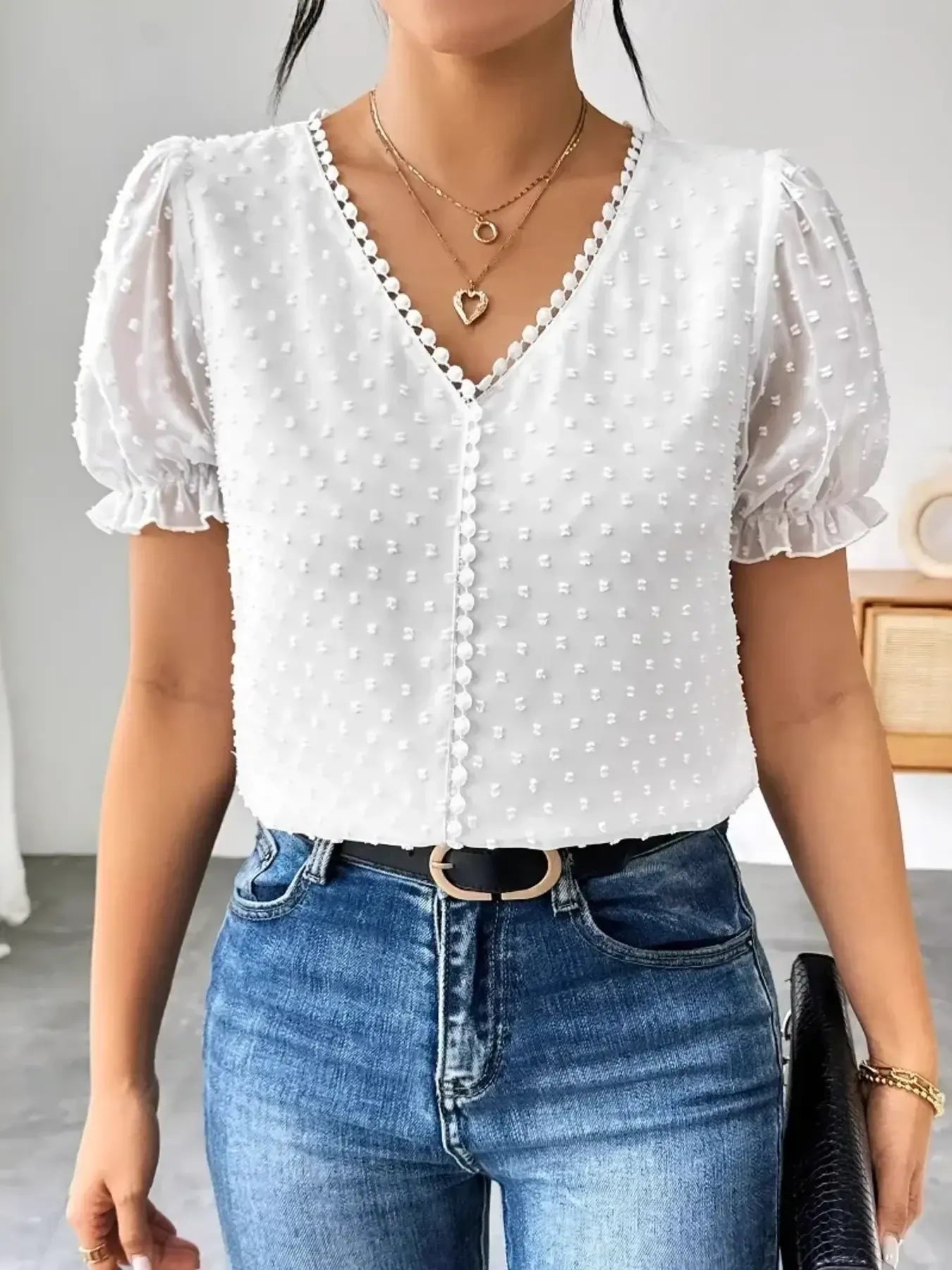 Swiss Dot Short Sleeve Blouse - Lookzlike