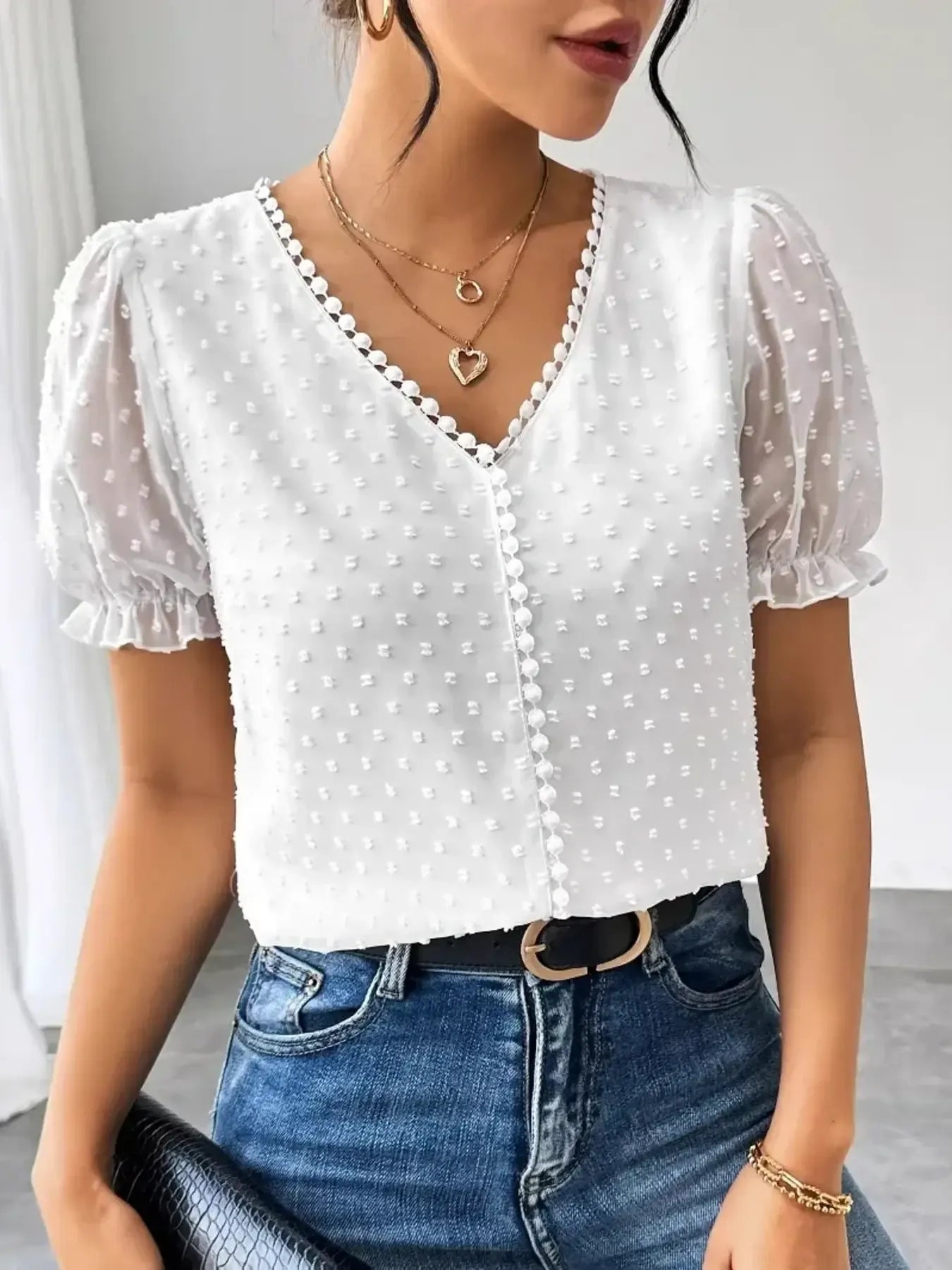 Swiss Dot Short Sleeve Blouse - Lookzlike