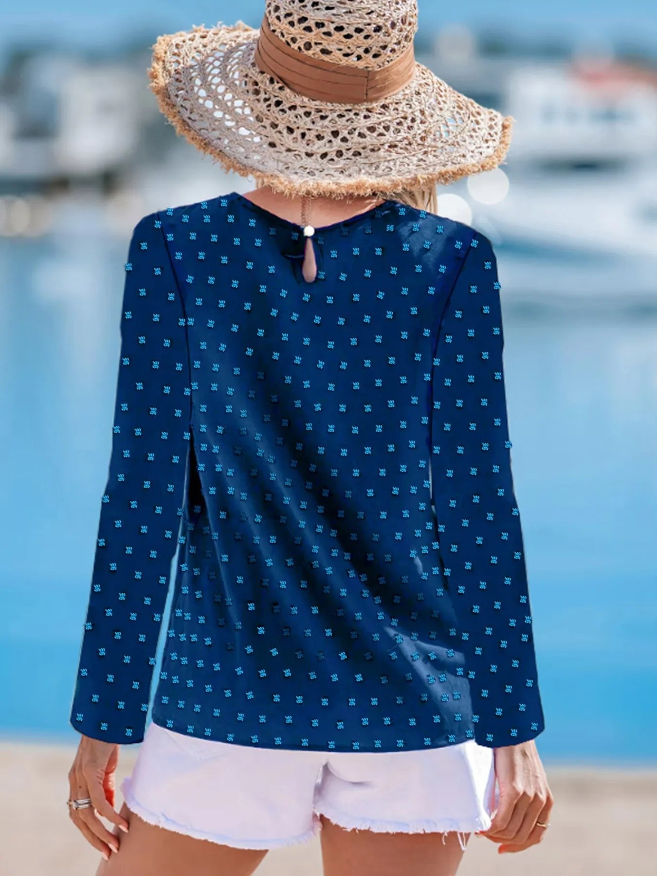 Swiss Dot V - Neck Long Sleeve Blouse designed for comfort and style at Lookzlike