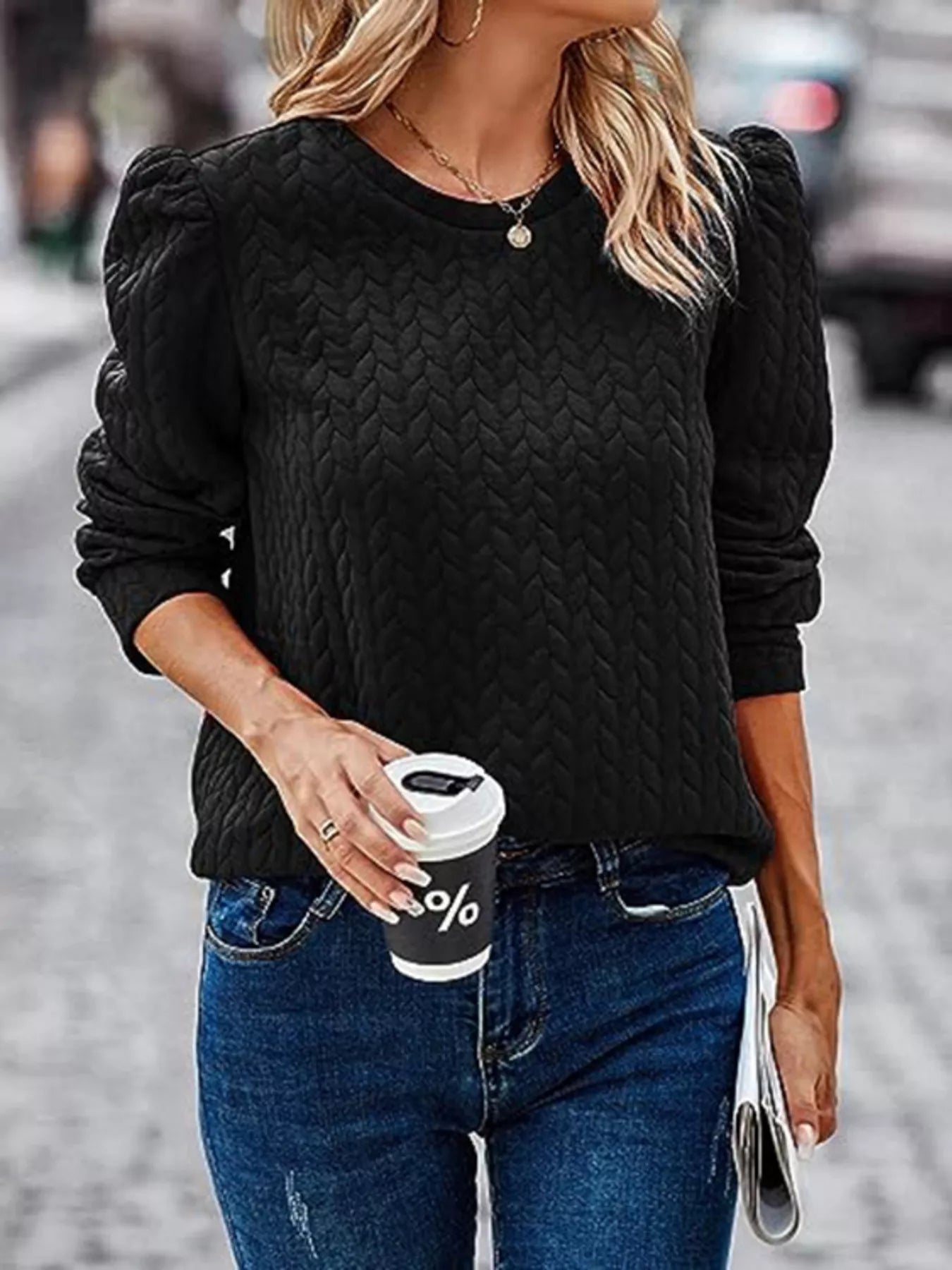 Texture Round Neck Long Sleeve Sweatshirt designed for comfort and style at Lookzlike