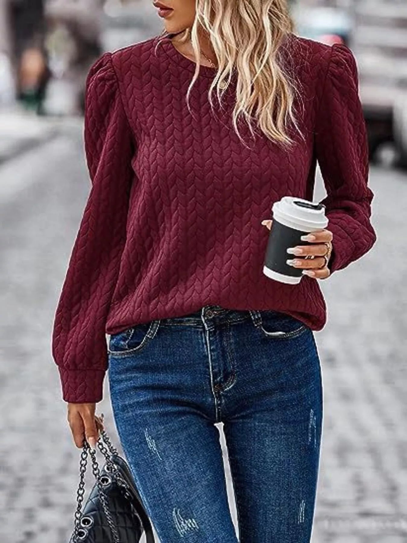 Texture Round Neck Long Sleeve Sweatshirt designed for comfort and style at Lookzlike