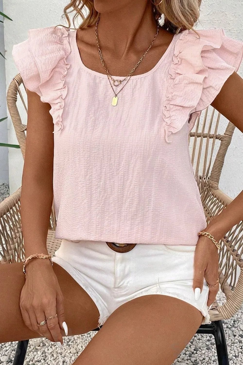 Textured Bow Knot Frilled Butterfly Sleeve Blouse - Lookzlike