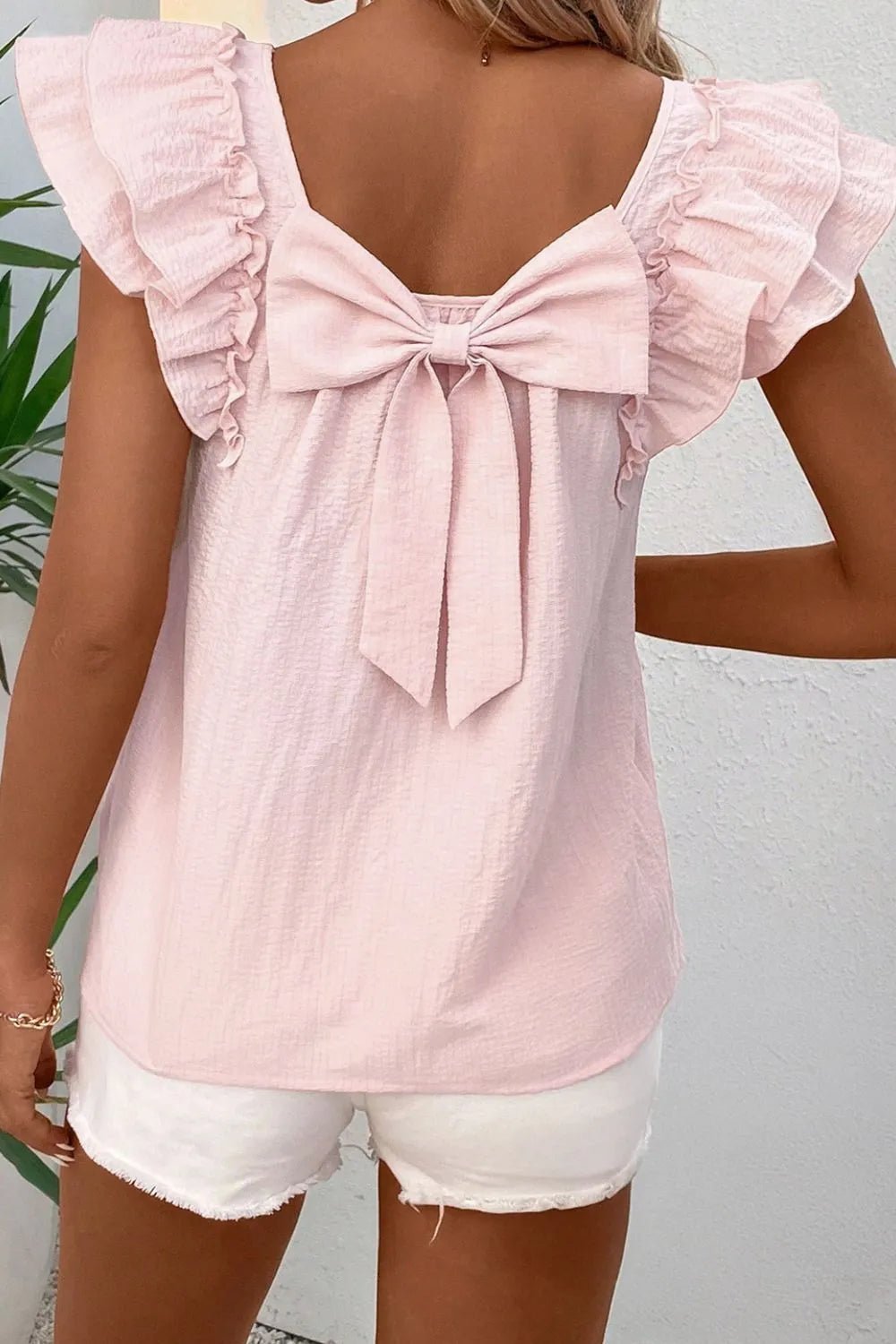 Textured Bow Knot Frilled Butterfly Sleeve Blouse - Lookzlike