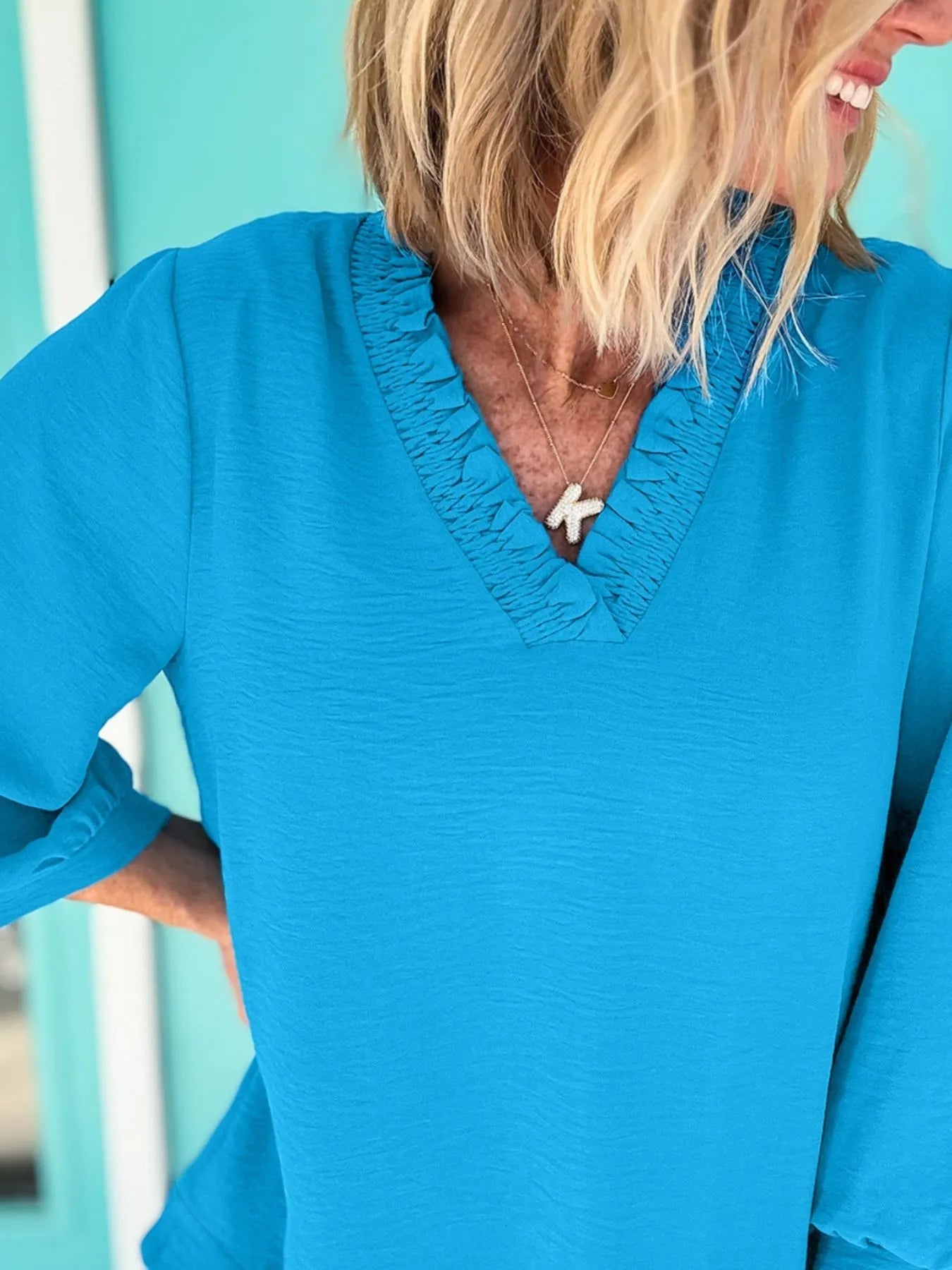 Textured Frill Smocked V-Neck Blouse - Lookzlike