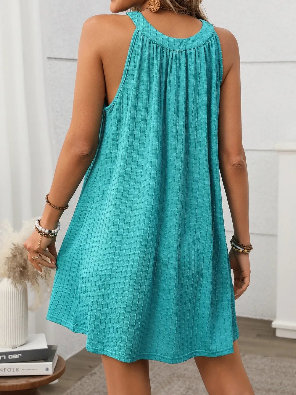 Textured Grecian Neck Mini Dress - Lookzlike