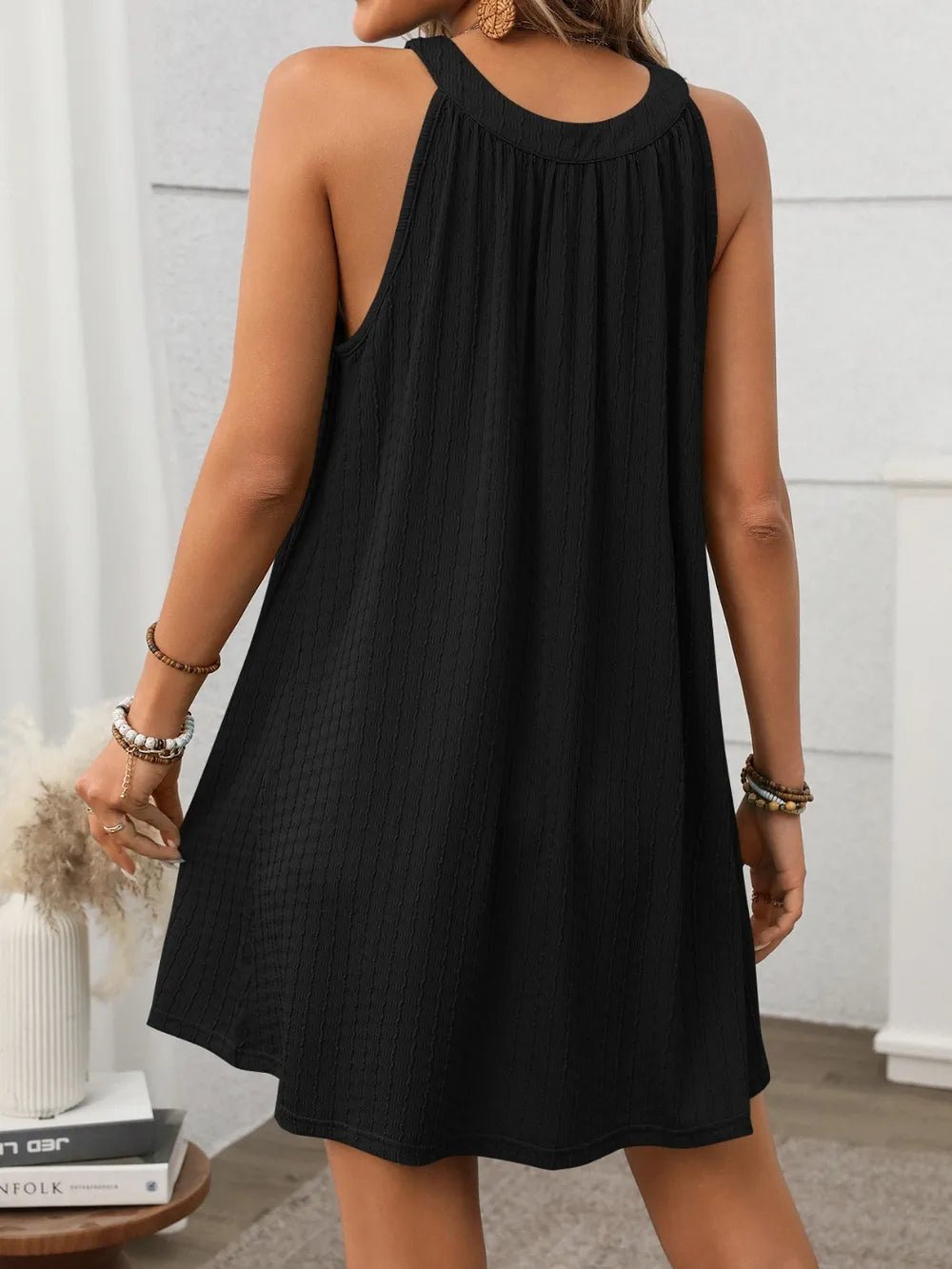 Textured Grecian Neck Mini Dress - Lookzlike