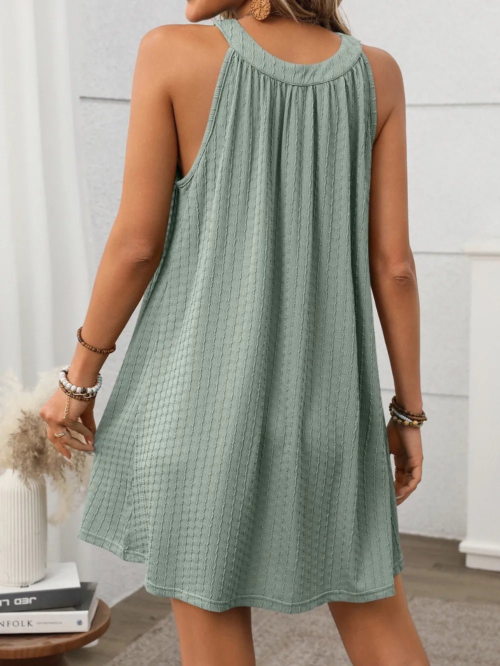 Textured Grecian Neck Mini Dress - Lookzlike