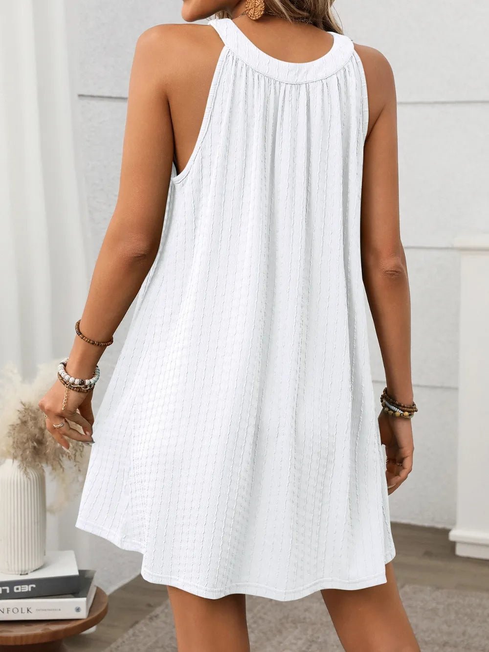 Textured Grecian Neck Mini Dress - Lookzlike